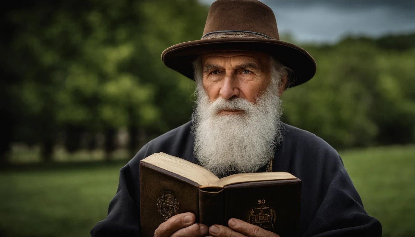 (biblical times) OLD MAN, 80 YEARS OLD, BEARD, HOLDING THE BIBLE, DARK BACKGROUND, Realism, photorealistic, hyper-Realism, professional photography, 8k UHD, DSLR, HDR, master piece, best quality, grainy film, Photorealistic painting, Fujifilm XT3