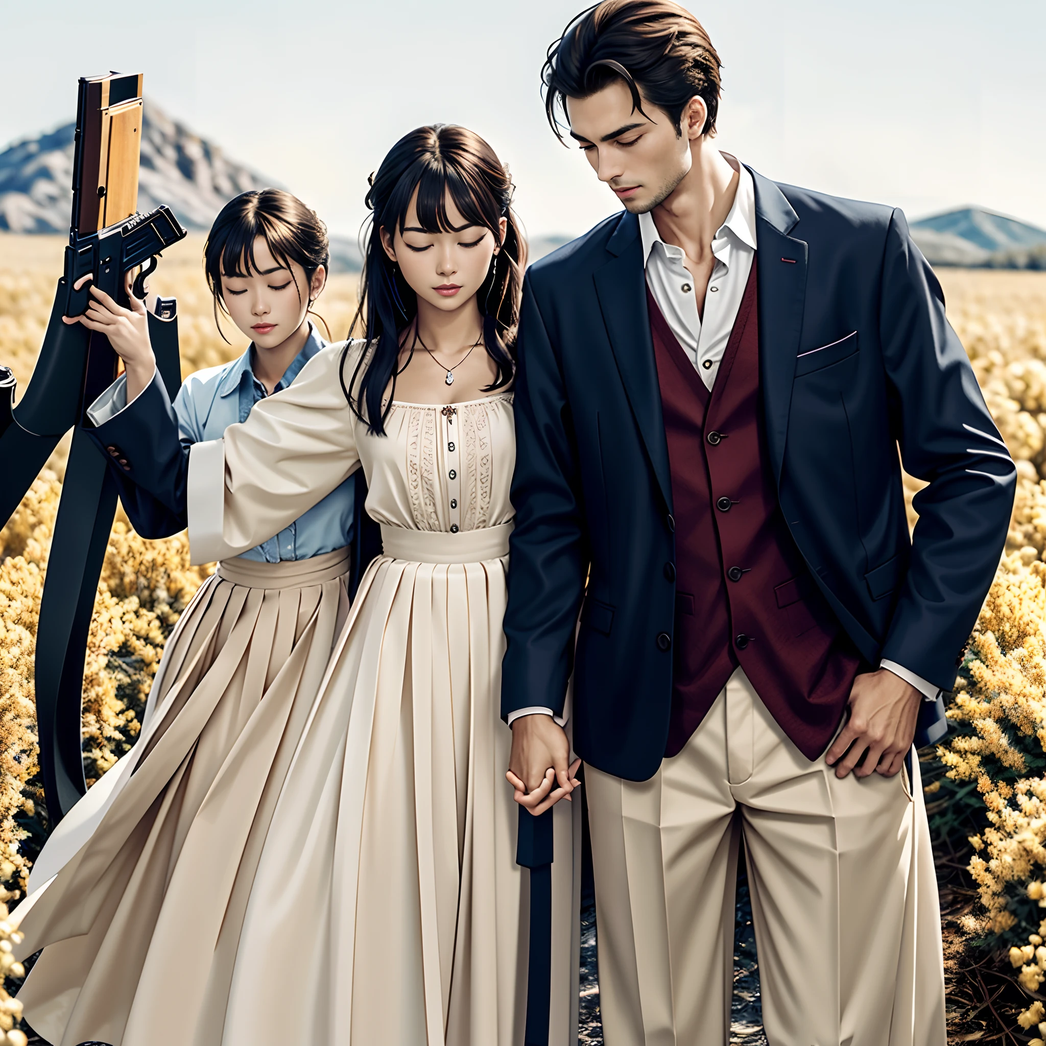 Great quality, masterpiece, man and woman, height difference, handsome man holding the beautiful girl, his left hand covering her eyes, his right hand holding a gun pointing in front
