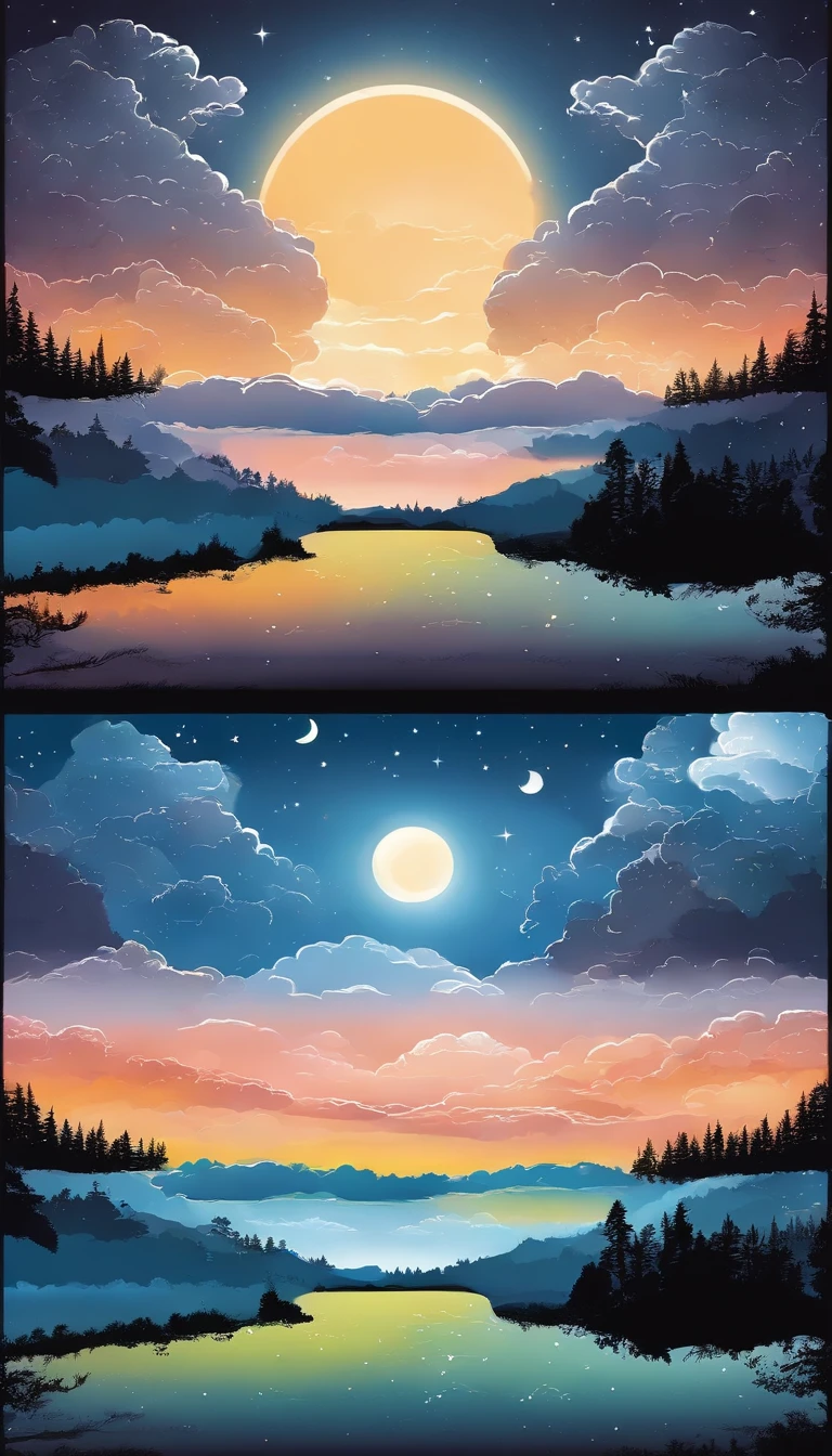 Drawing of a beautiful Sky  with Day versus Night alternation, One side the day with the sun and one side the night with the Moon, day and night alternation simple illustration, hand drawn, cartoon style, perfect proportion, illustration, pastel style, clipart, whitebackground