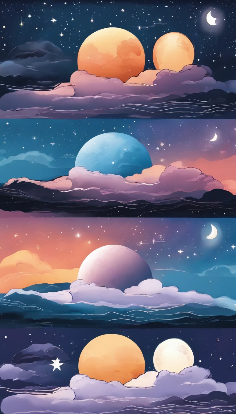 Drawing of a beautiful Sky  with Day versus Night alternation, One side the day with the sun and one side the night with the Moon, day and night alternation simple illustration, hand drawn, cartoon style, perfect proportion, illustration, pastel style, clipart, whitebackground