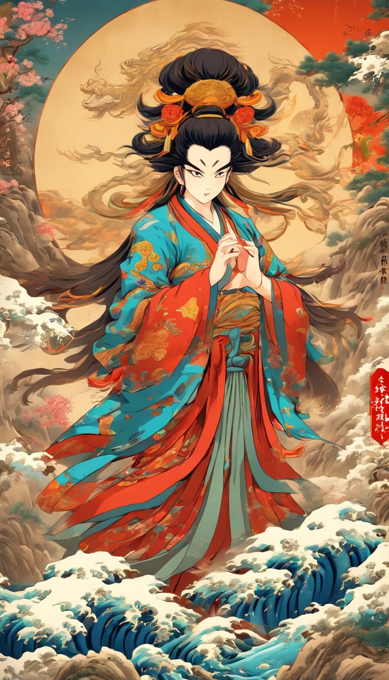 (((Houyi))) best quality, ultra-high resolution, 4K detailed CG, master piece,Man, Chinese God,Chinese clothing, Chinese mythology, ((back bow)),Chinese painting style,Shui Mo Hua ,Thangka Style, Ukiyo-e Painting,Aesthetics, centered on the canvas