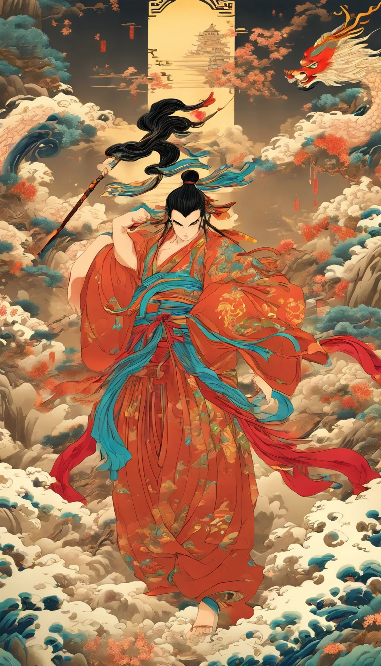 (((Houyi))) best quality, ultra-high resolution, 4K detailed CG, master piece,Man, Chinese God,Chinese clothing, Chinese mythology, ((back bow)),Chinese painting style,Shui Mo Hua ,Thangka Style, Ukiyo-e Painting,Aesthetics, centered on the canvas