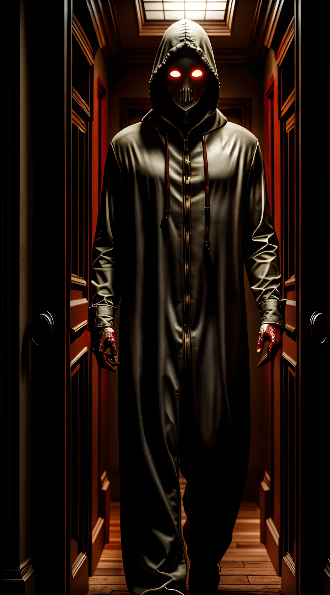 Photorealistic photograph realism final render, a hooded pale man zombie with red eyes, breathing mask, tubes, in a haunted horror mansion