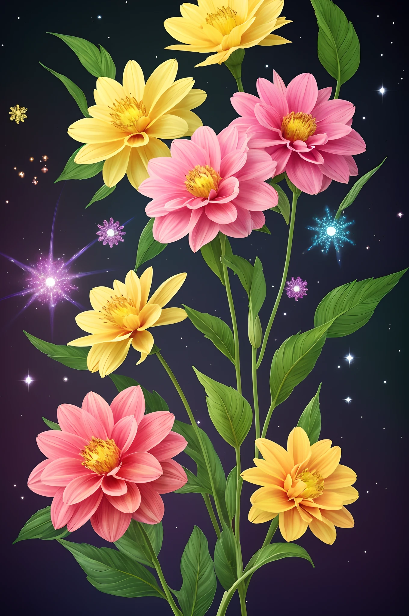 Digital art detailed for the best masterpieces, Highest Quality, with sparkling delicate yellow and pink dahlia flowers with elegant leaves,、Flowers Graceful stems, And delicate, And elegant, flowey, Glittering petals, flowercore, surrounded flower, Radiant magic representing flowers, Beautiful animations, Luminous flowers, Beautiful Art U Hard Disk 4k, Detailed Painting in 4K, Beautiful flowers and crystals, Luminous flowers, huge flower, light bloom, full bloom, Glowing flowers with bloom ether effect, Magic colorful flowers with flower pieces in the middle of the garden, floral environment, Beautiful Art U Hard Disk 4k, magical flowers, Flower explosion, Beautiful digital painting detailed in emergency digital photography, Detailed Painting in 4K, background artwork, Flower explosion, Floral flower color, highly-detailed digital painting, Appeared in 4K, Best Quality, hight resolution, 1080p, hard disk, 4K, 8K, 16 K white background