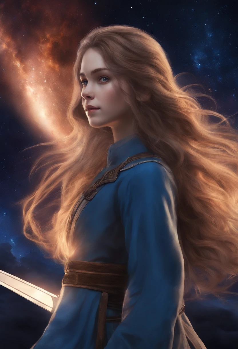 There's an anime drawing of a boy, with a sword in her hand, Estilo Varguyart, estilo de arte desconhecido, floating!!! em uma nebulosa, finnian in grungerock alien sky, [Arte Digital]!!, Long hair with 2 hair ends on the left and right. Her hair is brown with white streaks on her locks, On a galaxy-looking background, com uma jaqueta marrom e camisa azul