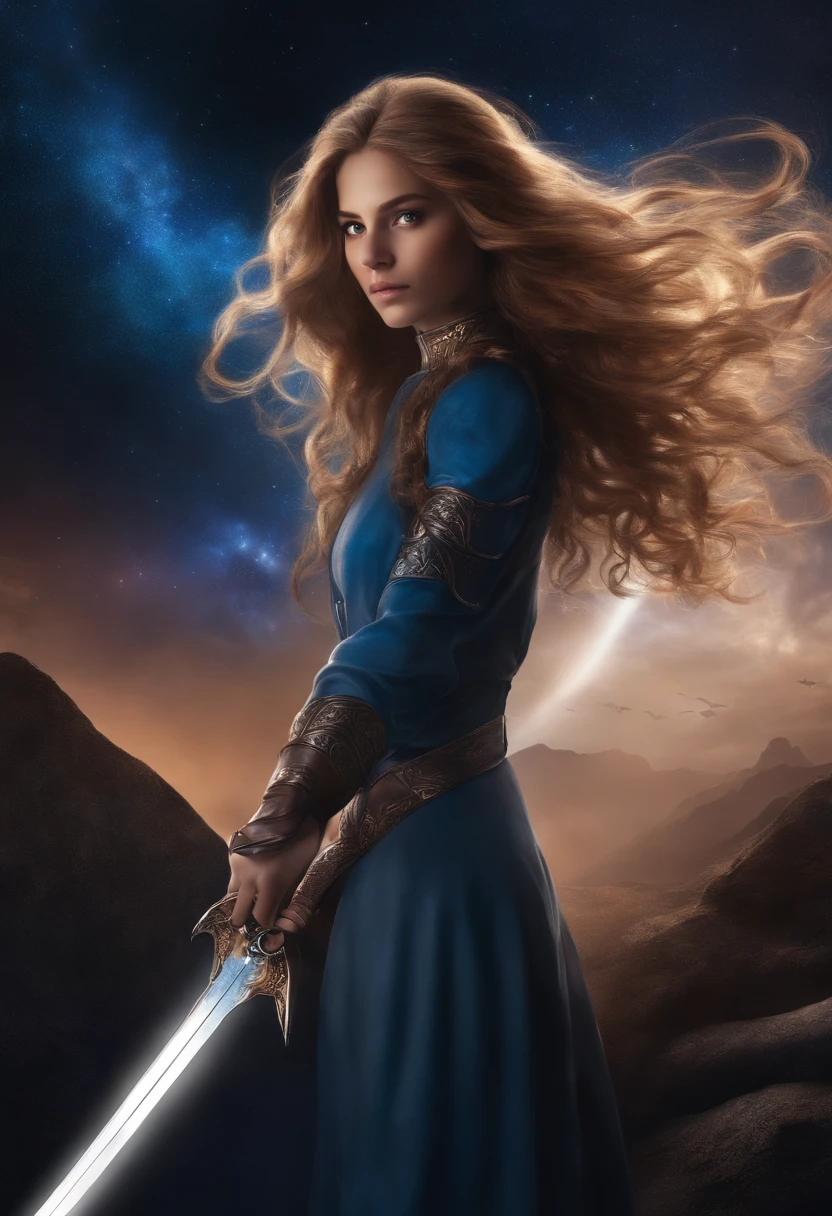 There's an anime drawing of a boy, with a sword in her hand, Estilo Varguyart, estilo de arte desconhecido, floating!!! em uma nebulosa, finnian in grungerock alien sky, [Arte Digital]!!, Long hair with 2 hair ends on the left and right. Her hair is brown with white streaks on her locks, On a galaxy-looking background, com uma jaqueta marrom e camisa azul