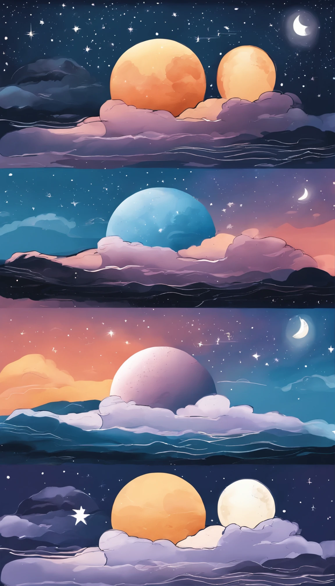 Drawing of a beautiful Sky  with Day versus Night alternation, One side the day with the sun and one side the night with the Moon, day and night alternation simple illustration, hand drawn, cartoon style, perfect proportion, illustration, pastel style, clipart, whitebackground