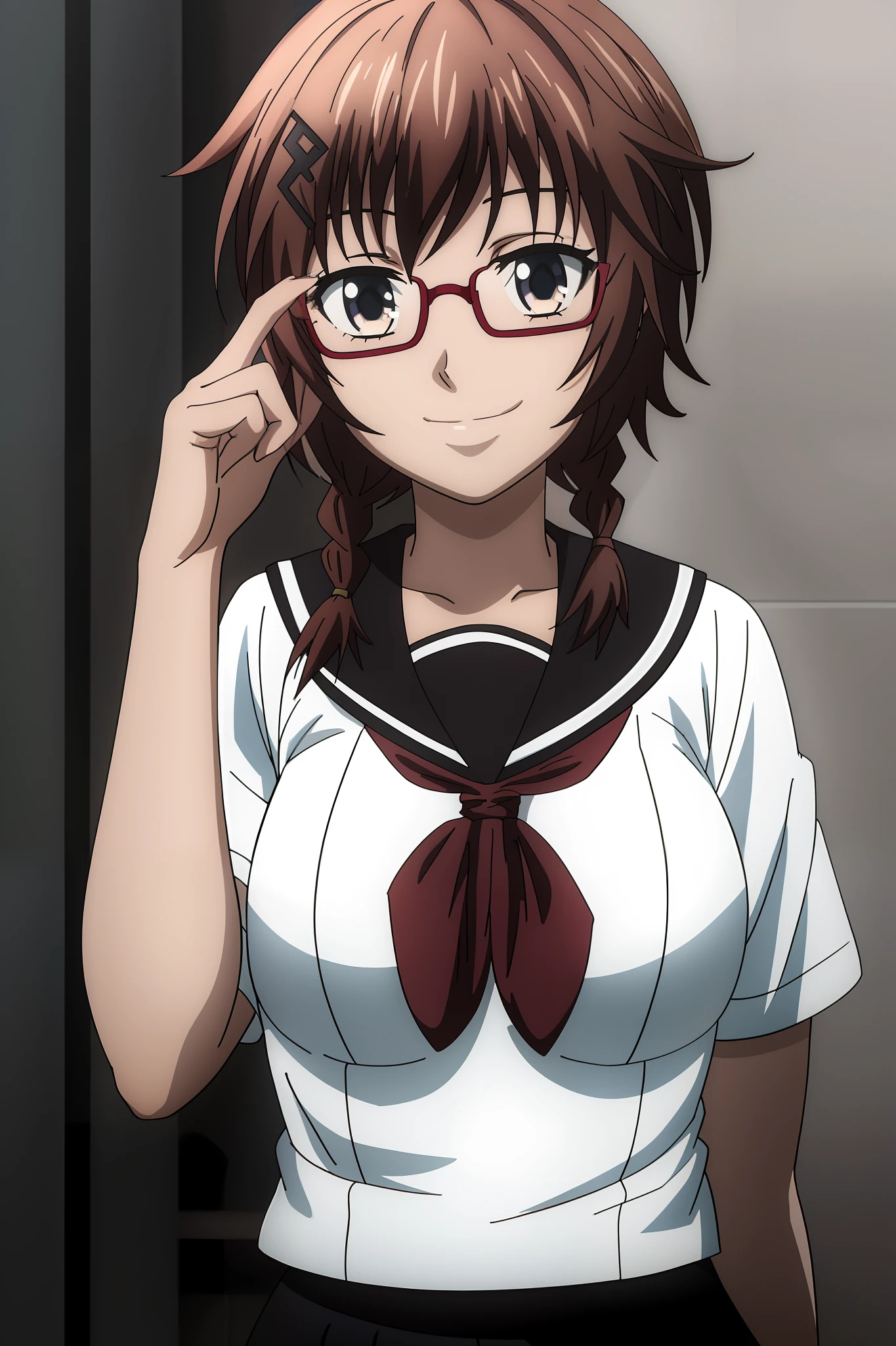 1girl, masterpice, high quality, best quality, good anime picture, misaki, ((school uniform)), ((serafuku)), glasses, twin braids, ((collar)), hair ornament, upper body, big breasts, dynamic light and shadows, smile, (adjusting eyewear:1.2), multicolor outfit,