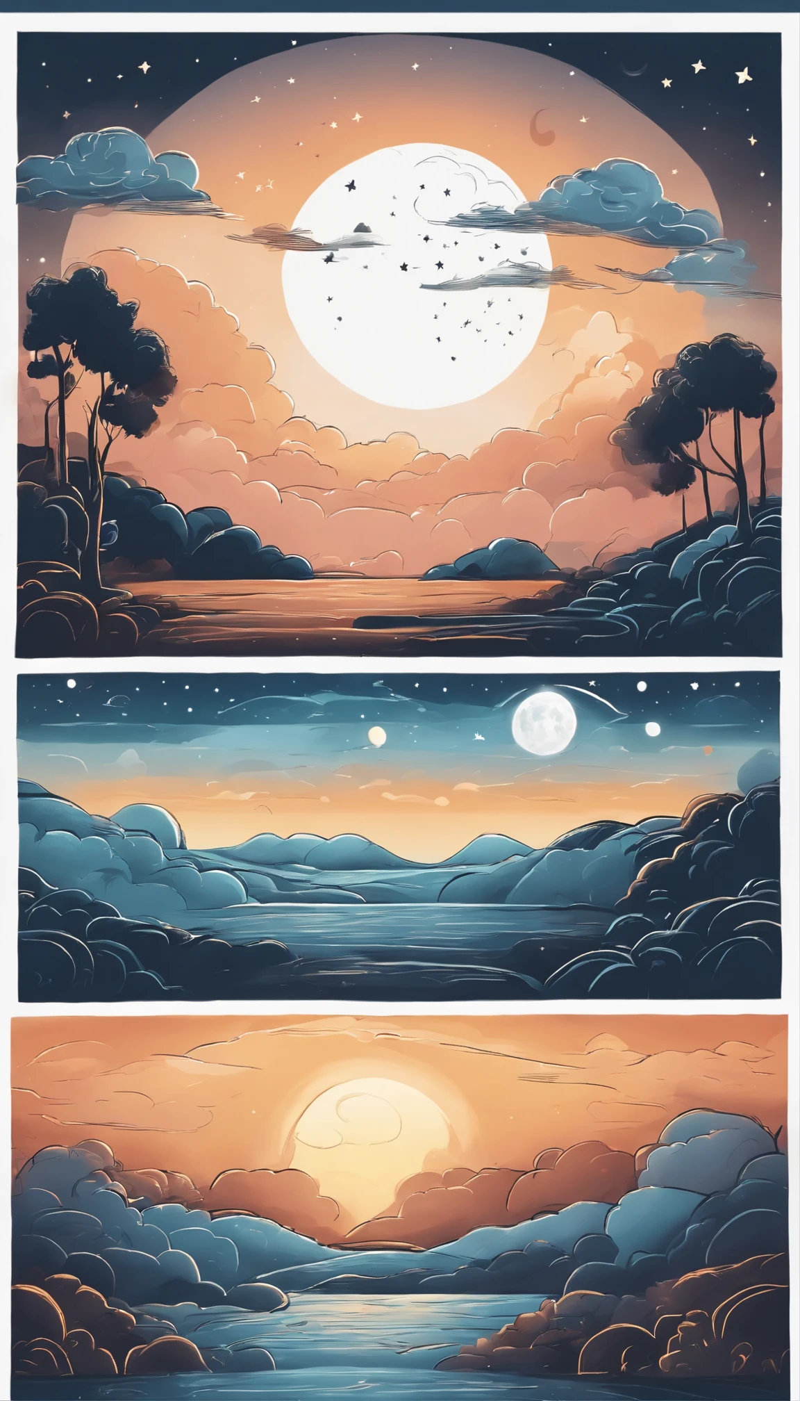 Drawing of a beautiful Sky with Day versus Night alternation, One side the day with the sun and one side the night with the Moon, day and night alternation simple illustration, hand drawn, cartoon style, perfect proportion, illustration, pastel style, clipart, whitebackground