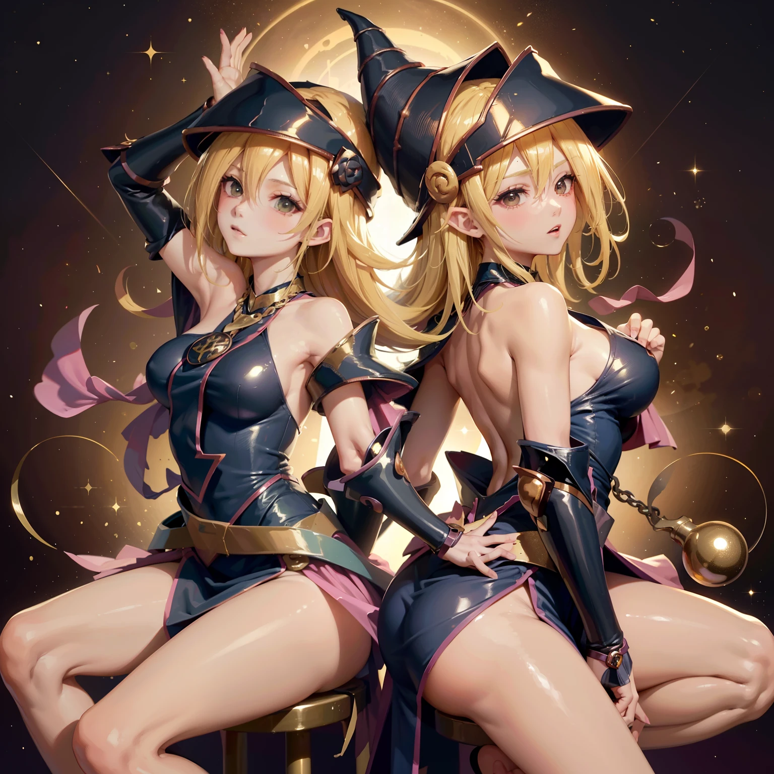(obra maestra、highest qualityr、Detalles intrincados、El ultra-detailliert、Ultra calidad、high resolusion、Las mejores sombras、The best lighting、4k) Once palabras clave: Elongated ears of common elf El cabello es dorado Beautiful blonde Longevity and immortality Beautiful figure Outstanding skills Harmony with nature Noble culture Ancient races Fantasy works Role-playing games Beauty and elegance dark magician girl Magical talent Hembras una chica de belleza mistic Criaturas ficticias Antique transparent robes The buttocks are seen through A cuatro patas Emphasis on buttocks Sit with a beautiful back Looking back. Dark magician girl estilo griego