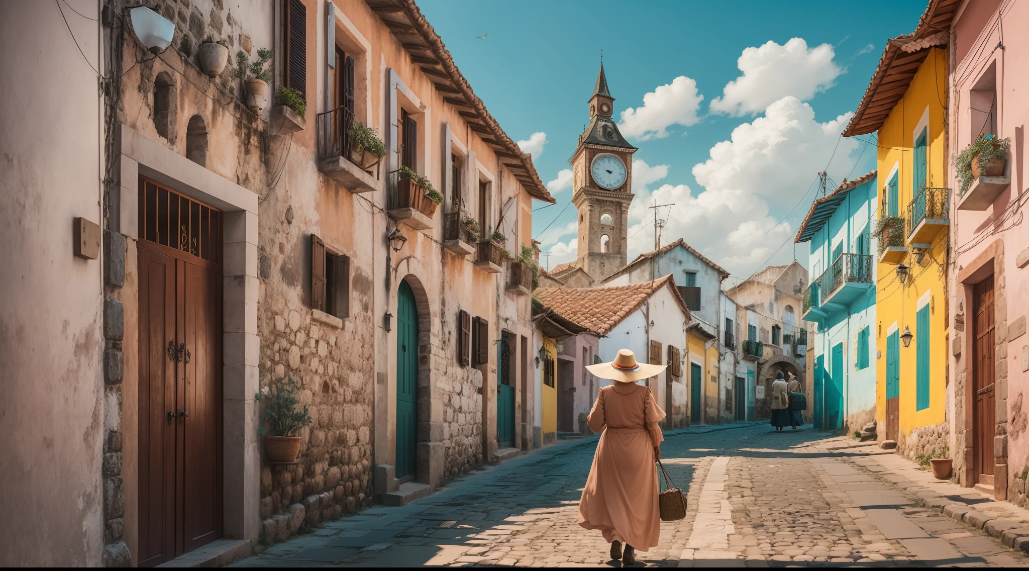 there is a woman walking down a cobblestone street with a clock tower in the background, ancient city streets behind her, old woman, by Joze Ciuha, old lady, by Fernando Gerassi, an old lady, streets of salvador, old village, a woman walking, in a village street, colonial era street, by Osvaldo Romberg, an elderly --auto --s2