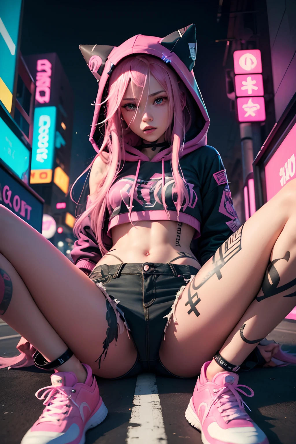 On the network Neon Street，one female，Pink Long Hair，Pink pupils，Broken hood，shorter pants，spread their legs，tattoo all over body