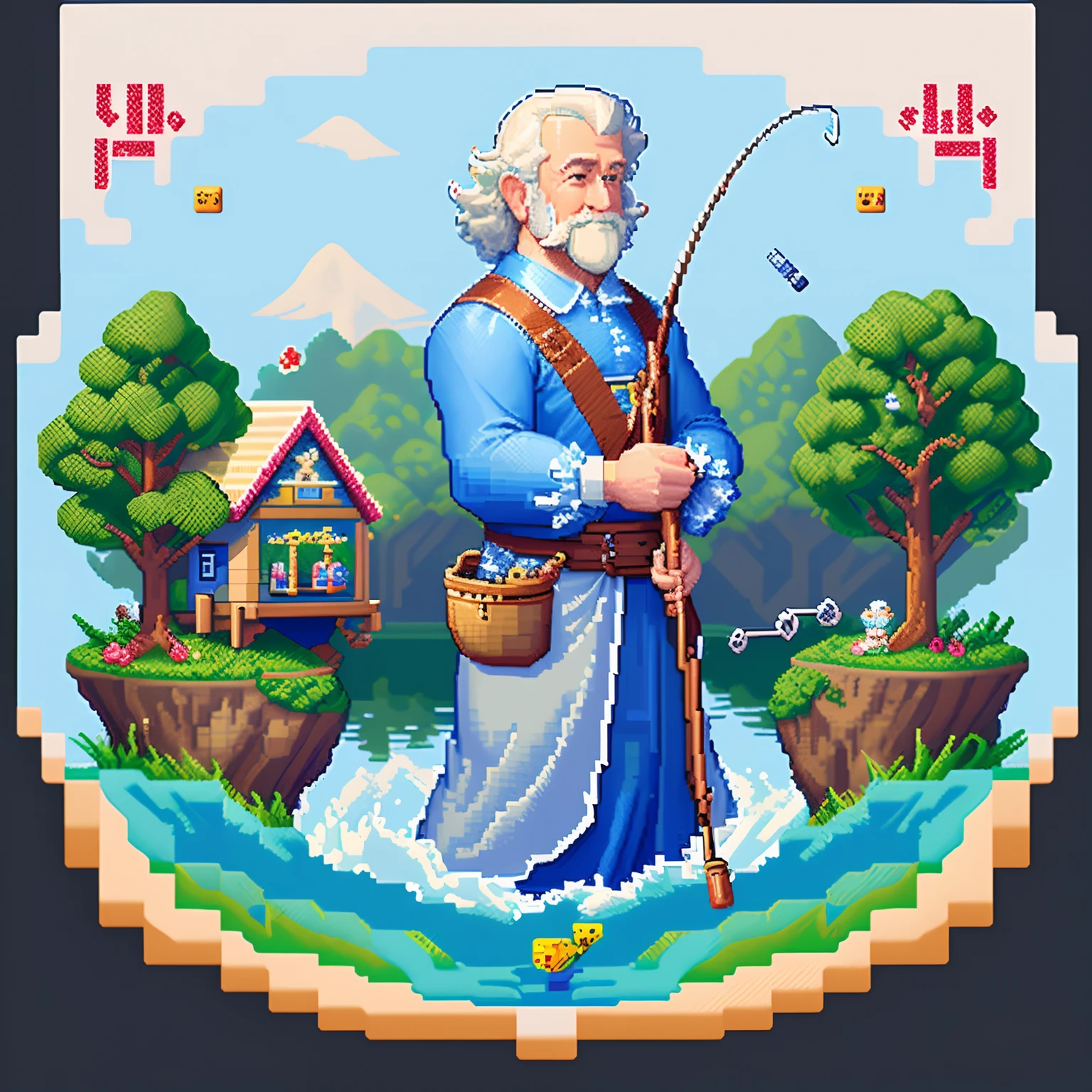 ((In the style of pixel art)), pixels, 4-bit pixel art　
angling　Uncle Perm　Holding a fishing rod　Cinderella
