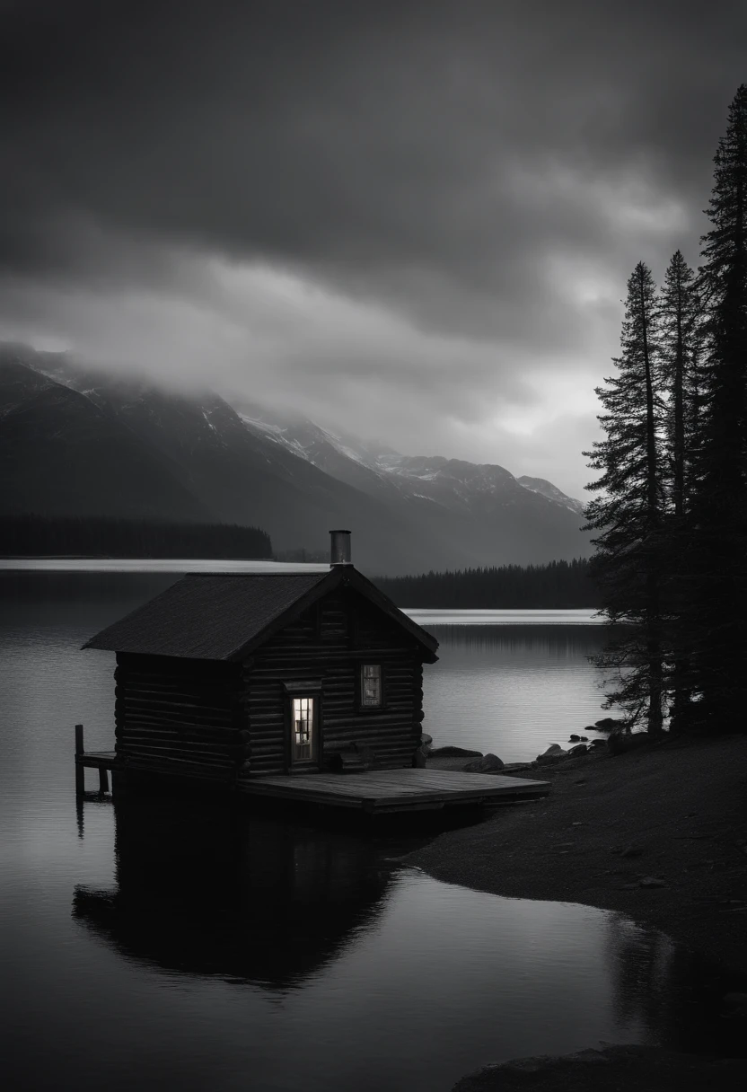 arafed cabin in the middle of a lake with mountains in the background, inspired by Ansel Adams, moody setting, moody morning light, moody scene, wood cabin in distance, old cabin, gloomy mood. greg rutkowski, near a small lake, colorless and silent, dark and gloomy, 4k greyscale hd photography, by Leon Chwistek, avec un pecheur au bord de l'eau, pecheur