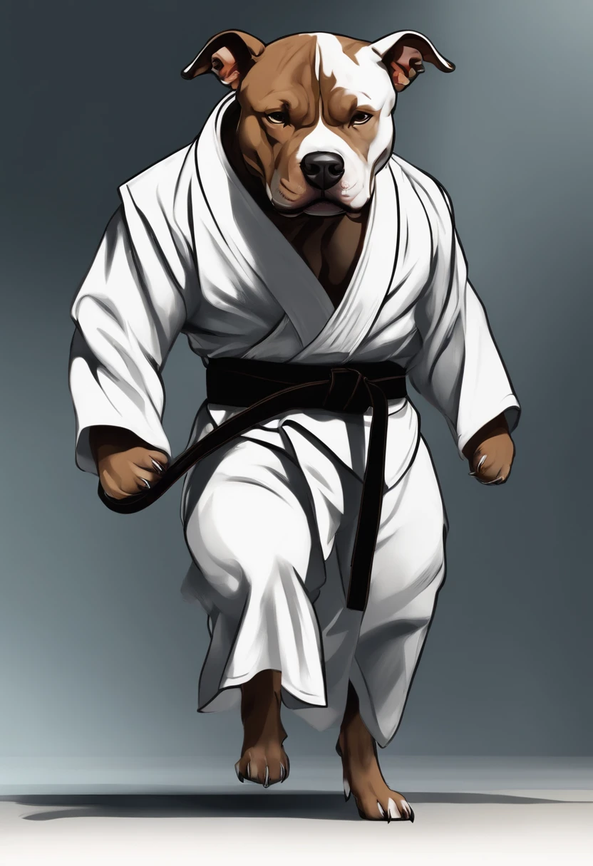A standing pit bull dog, evil and very strong, muscular, dressed in a white kimono, black belt of judo style, cartoon style