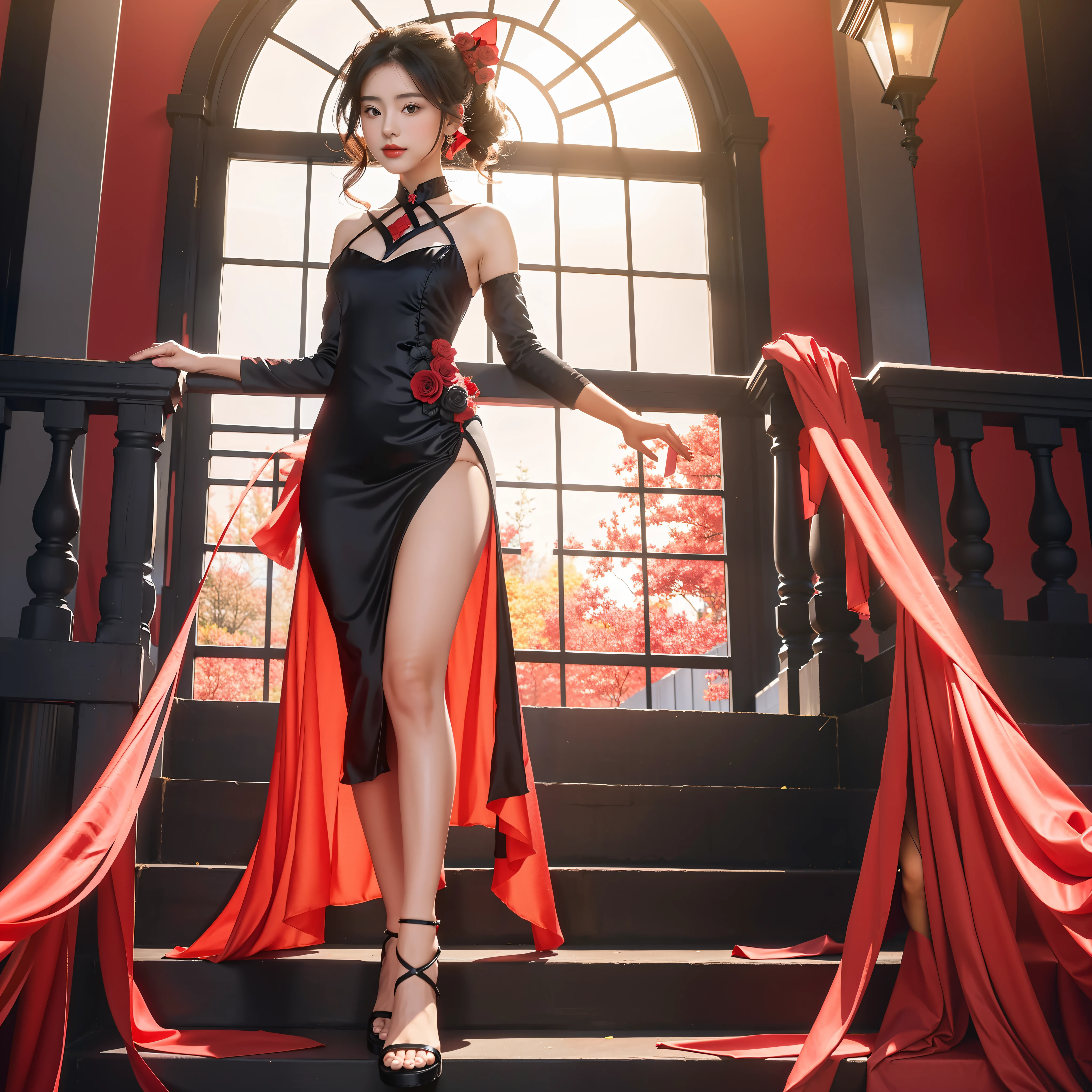 woman in a black and red costume standing on a staircase, girl wearing a black dress, in dress, cute waifu in a nice dress, 8k, art wallpaper 8 k, maiden girl