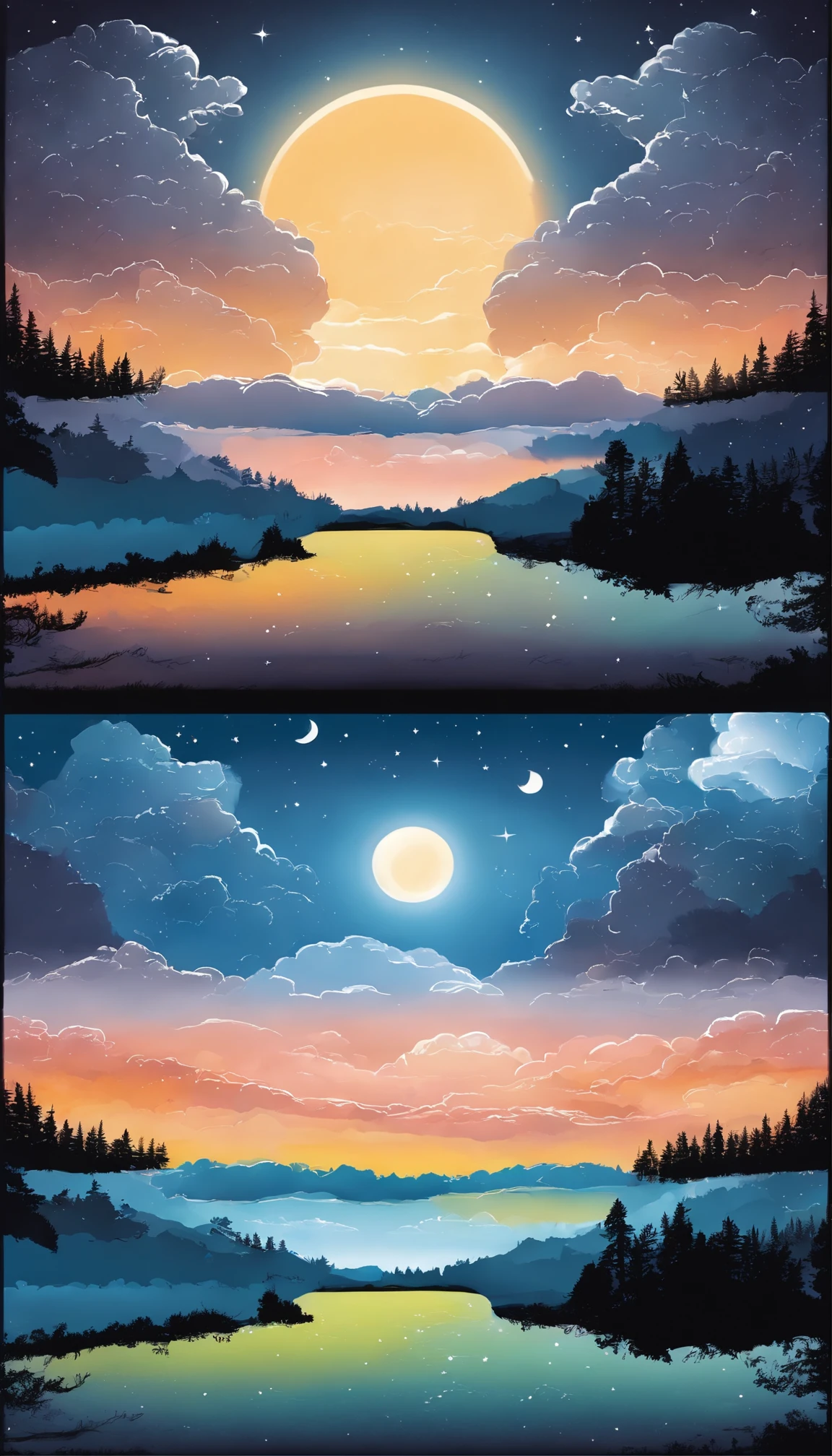 Drawing of a beautiful Sky with Day versus Night alternation, One side the day with the sun and one side the night with the Moon, day and night alternation simple illustration, hand drawn, cartoon style, perfect proportion, illustration, pastel style, clipart, whitebackground