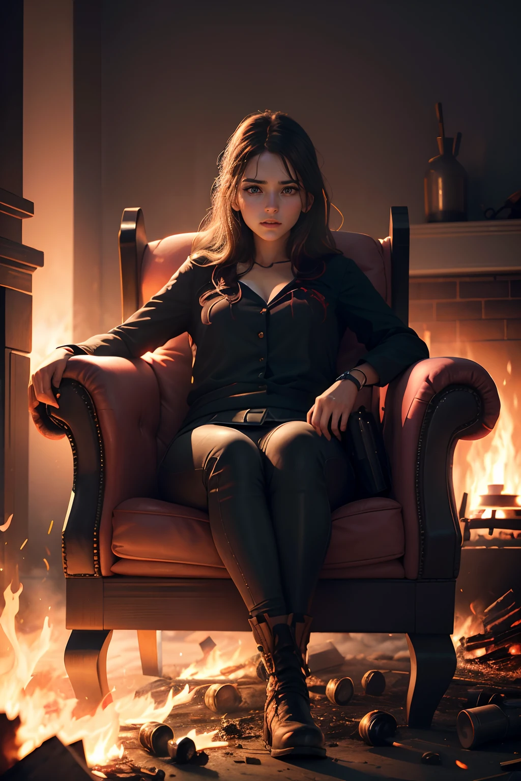 Young Woman Burning in a Burning Chair, In a room where fire is wreaking havoc Hyperdetailed 8K photo, Hyperrealistic