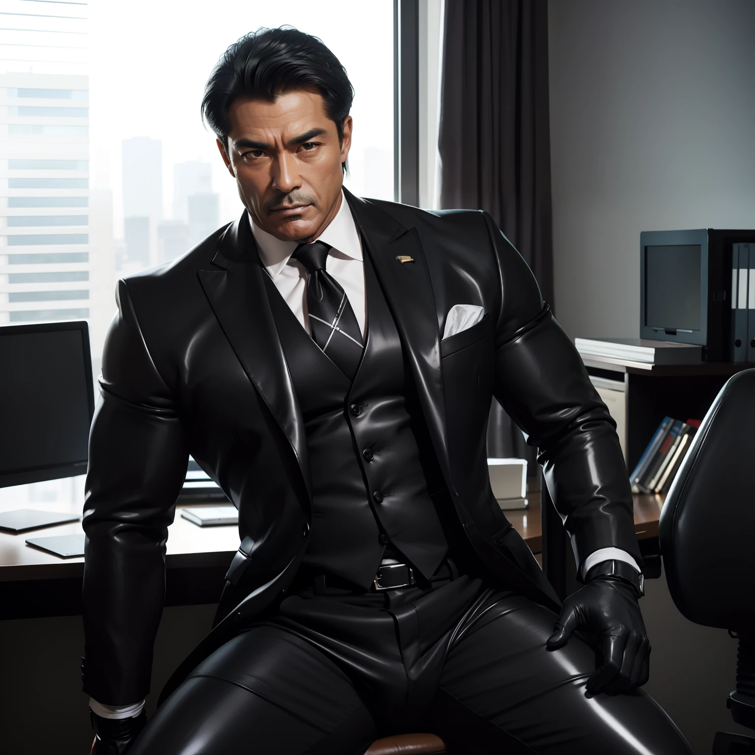 50 years old,daddy,shiny suit sit down,k hd,in the office,muscle, gay ,black hair,asia face,masculine,strong man,the boss is,handsome,sex,leather gloves,lecherous dad,look straight ahead,Dad is erection,dad is handsome