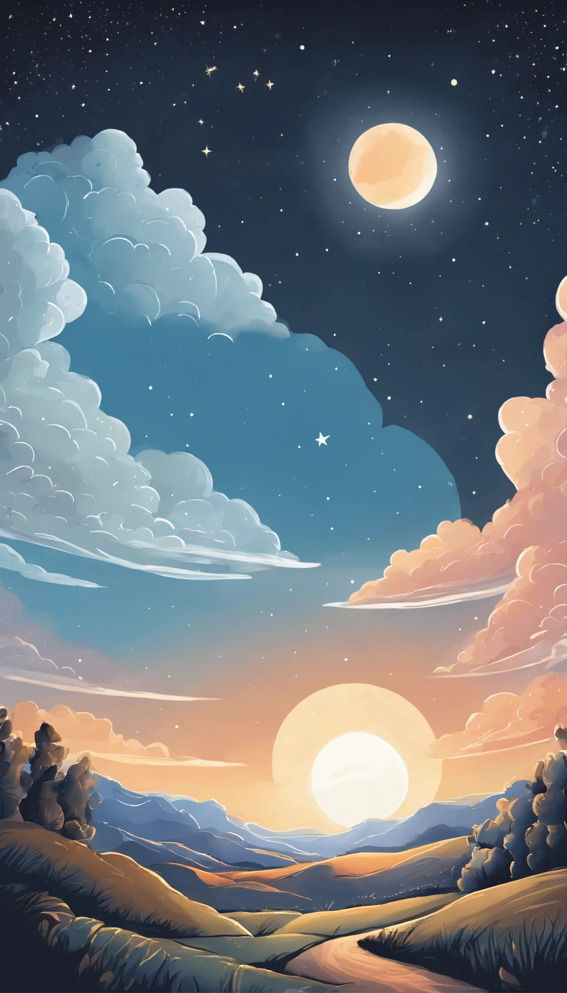 Drawing of a beautiful Sky with Day versus Night alternation, One side the day with the sun and one side the night with the Moon, day and night alternation simple illustration, hand drawn, cartoon style, perfect proportion, illustration, pastel style, clipart, whitebackground