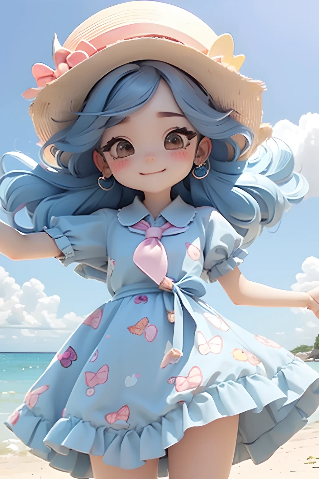 lolli girl in princess long blue dress with print butterfly style, dark blue hair, cute smile , cap, cute ribbons, necktie, beach summer