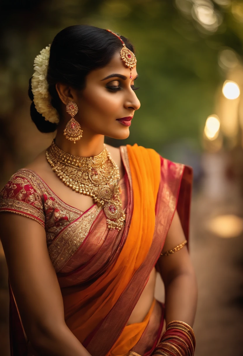 Masterpiece, highres,Indian goddess, perfect body, full body,beautiful,representing fire,wearing embroidered saree,showing naval, jewelleries, bangles, great artwork