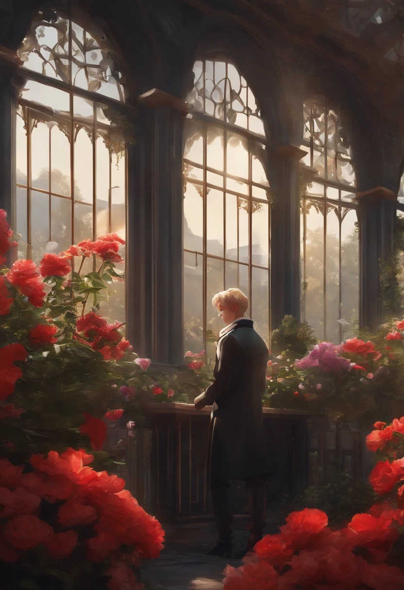 extremely delicate and beautiful, Amazing, finely detail, masterpiece, ultra-detailed, highres,best illustration, best shadow,intricate,sharp focus,  high quality, 1male, solo, blond hair. red eyes, kaveh genshin impact, glass greenhouse, flowers in pots, flowers for sale, man looking at flowers, flowers everywhere