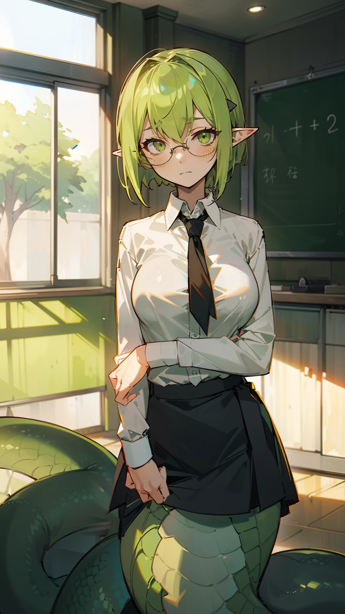 1gitl,solo,40s,((lamia tails)),light green hair,timid face,glasses,short hair,((white shirt,black tie,black skirt)),medium tits,pointy ears,light green eyes,(((in front of classroom)),cowboy shot,hidden arms