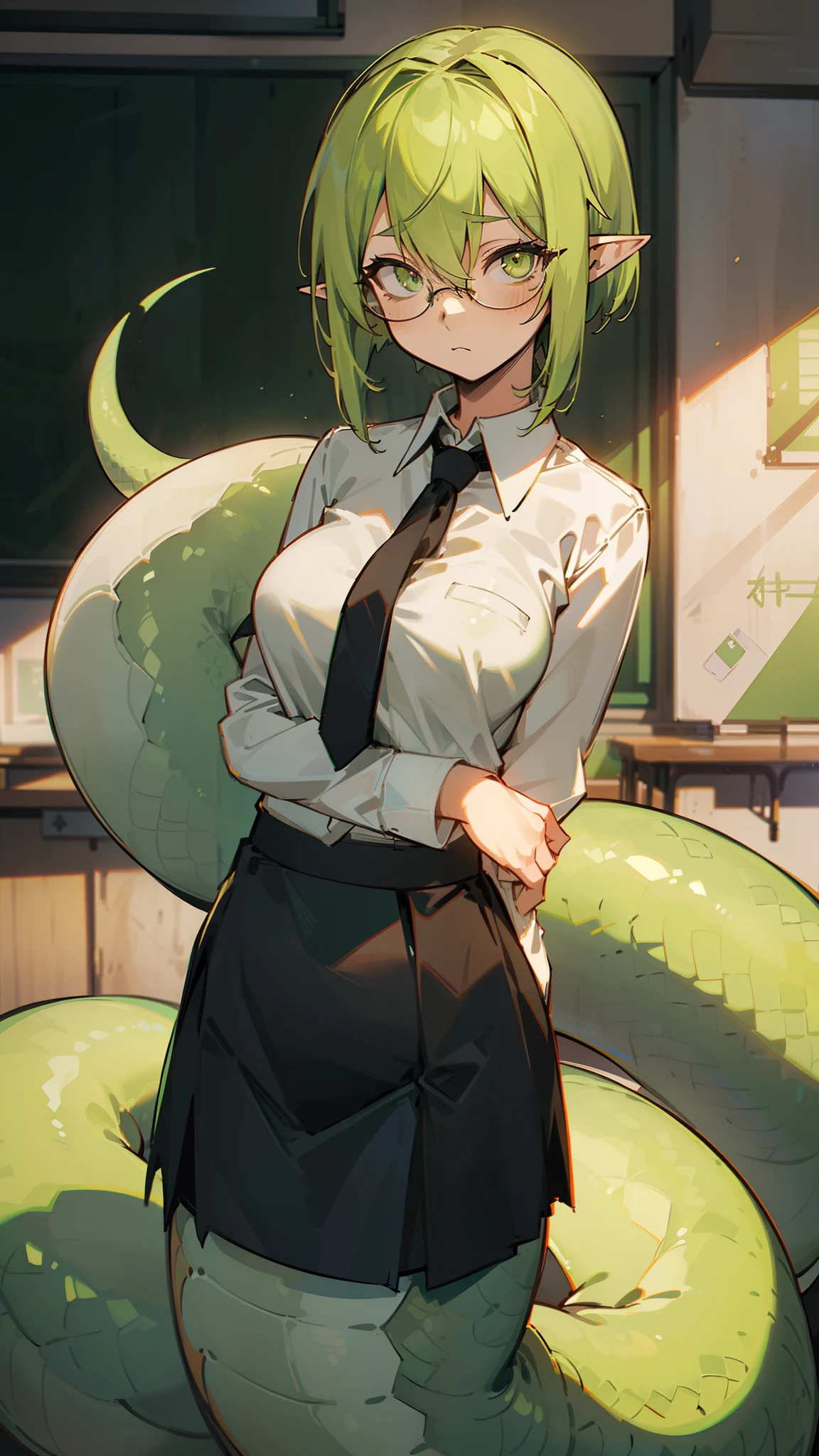 1gitl,solo,40s,((lamia tails)),light green hair,timid face,glasses,short hair,((white shirt,black tie,black skirt)),medium tits,pointy ears,light green eyes,(((in front of classroom)),cowboy shot,hidden arms