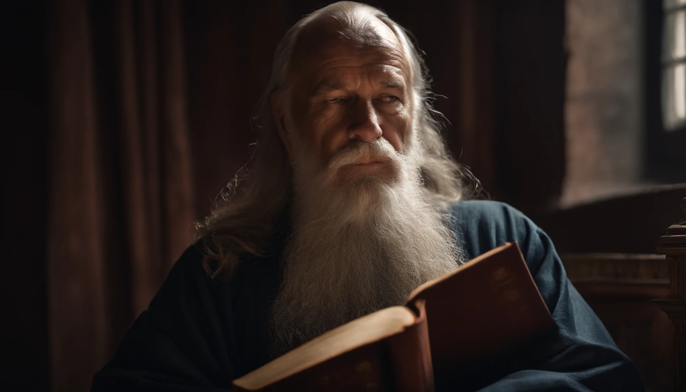 OLD MAN, 60 YEARS OLD, BEARD, LONG HAIR, HOLDING THE BIBLE, LOOKING UP, DARK BACKGROUND, Realism, photorealistic, hyper-Realism, professional photography, 8k UHD, DSLR, HDR, master piece, best quality, grainy film , Photorealistic painting, Fujifilm XT3