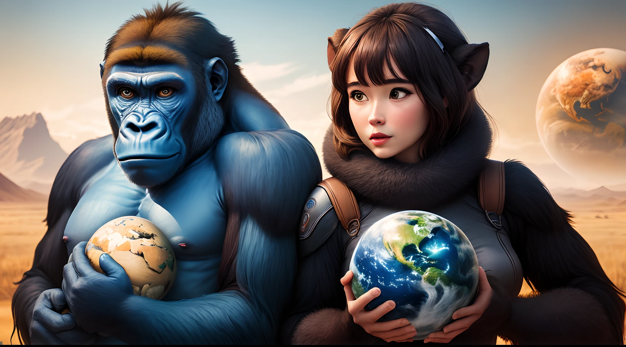 Film cover blue gorilla in the middle and woman and a planet in the realistic background