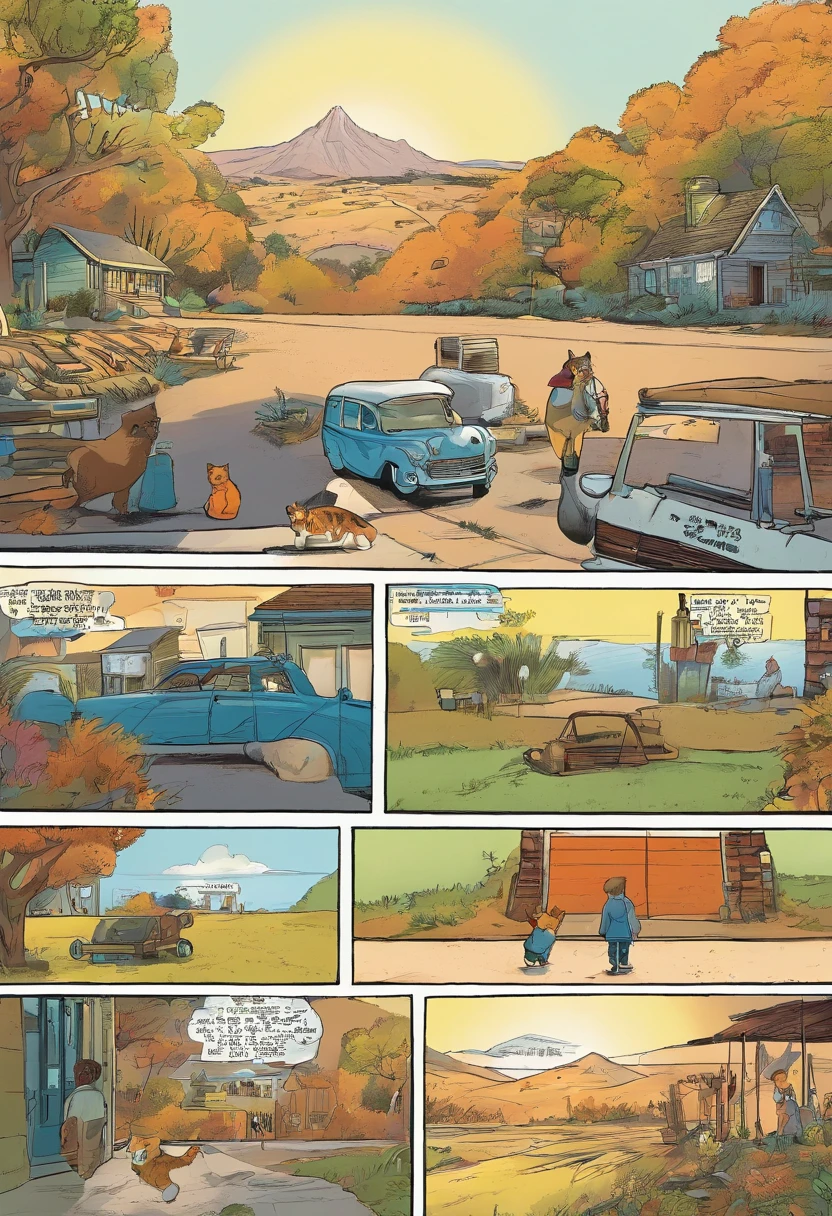American comics, The comic story is presented in multiple irregular panels with color. American Shorthair Cat Struggles as He runs away from home and then reunites with his owner. El estilo es exagerado y detallado