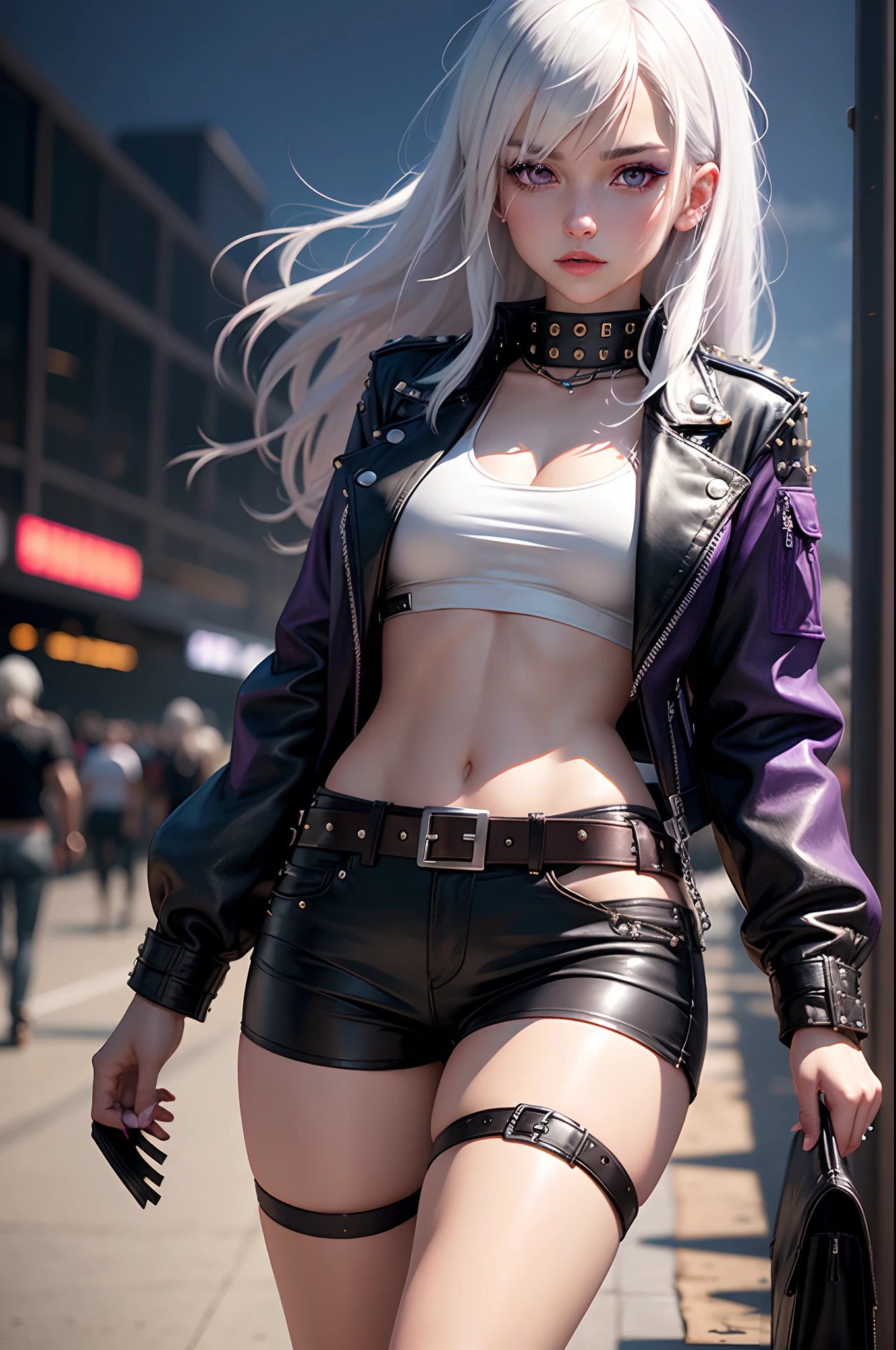 realistic, 1girl, 20 years old white hair, purple eyes, glowing eyes, cropped top, leather shorts, leather jacket, more than one rivet belts, parted lips, blush, night, sunlight, medium length hair, real, walking on airport