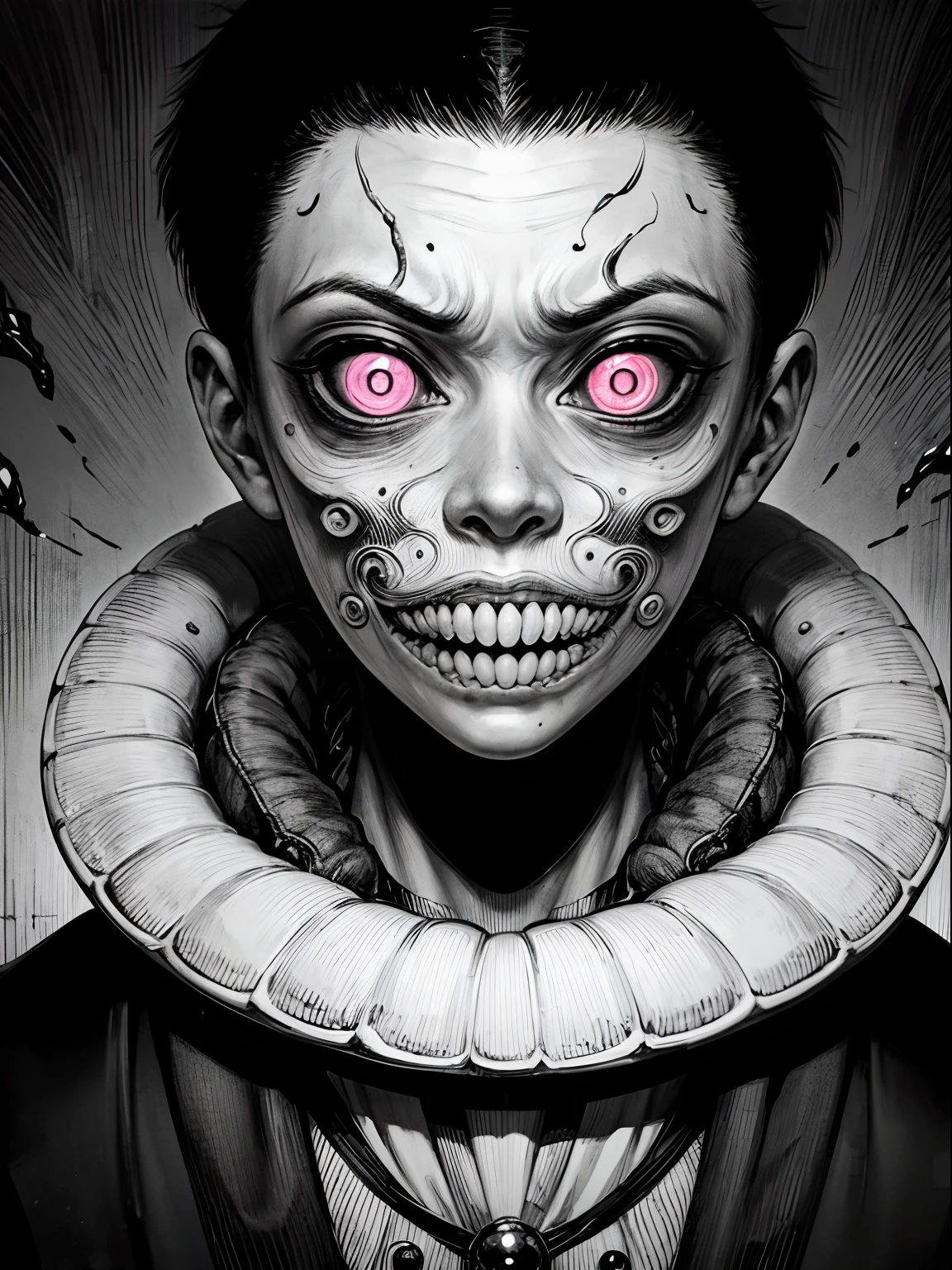 [(Junji Ito:1.5), detailed manga line art illustration of creepy girl, dark, black and white, scared, horrified, terrified, insane, creepy, unsettling, disturbing, (horror manga style), twisted, warped, psychological horror, grotesque, morbid, surreal]