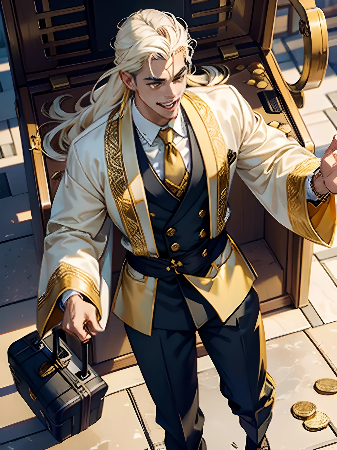 1 man,young,Male businessman,with long coiled hair,whaite hair,ink mark,Wide-sleeved robe,Tall man,big laughter,Gold teeth exposed,Brownish-yellow skin,Yellow-white hair,White eyebrows,Long robe and wide robe,Tourism businessman,grexaggerated movements,Big baggage,Bring your luggage,Scattered gold coins,Coin drops,looking confident,cheerfulness,Big walk,Absurd,action design,Close-up of foot