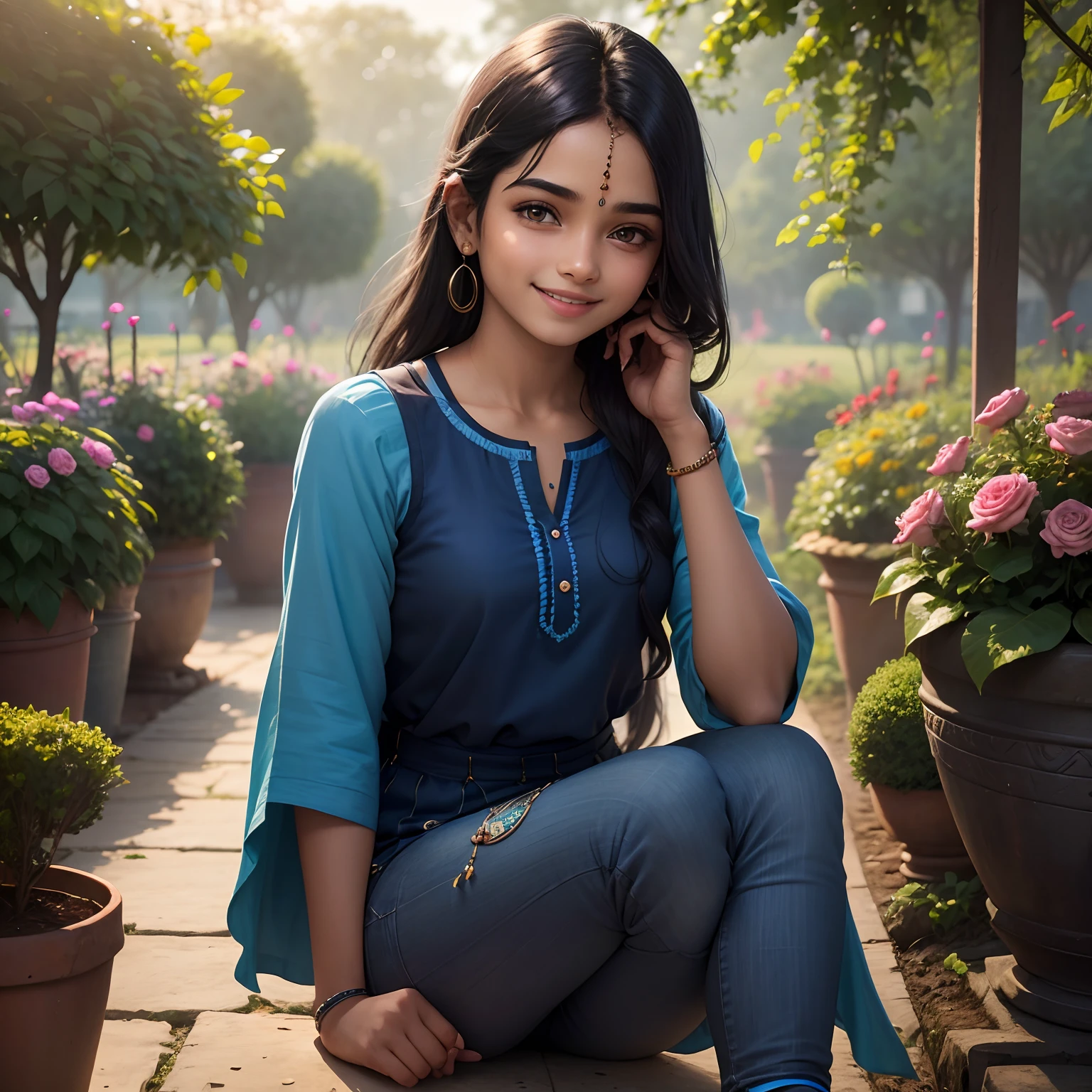 A r small I girl wearing blue kurti and black jeans at garden plucking rose , smiling face realistic, indian vibes, 8k resolution, full detailing,