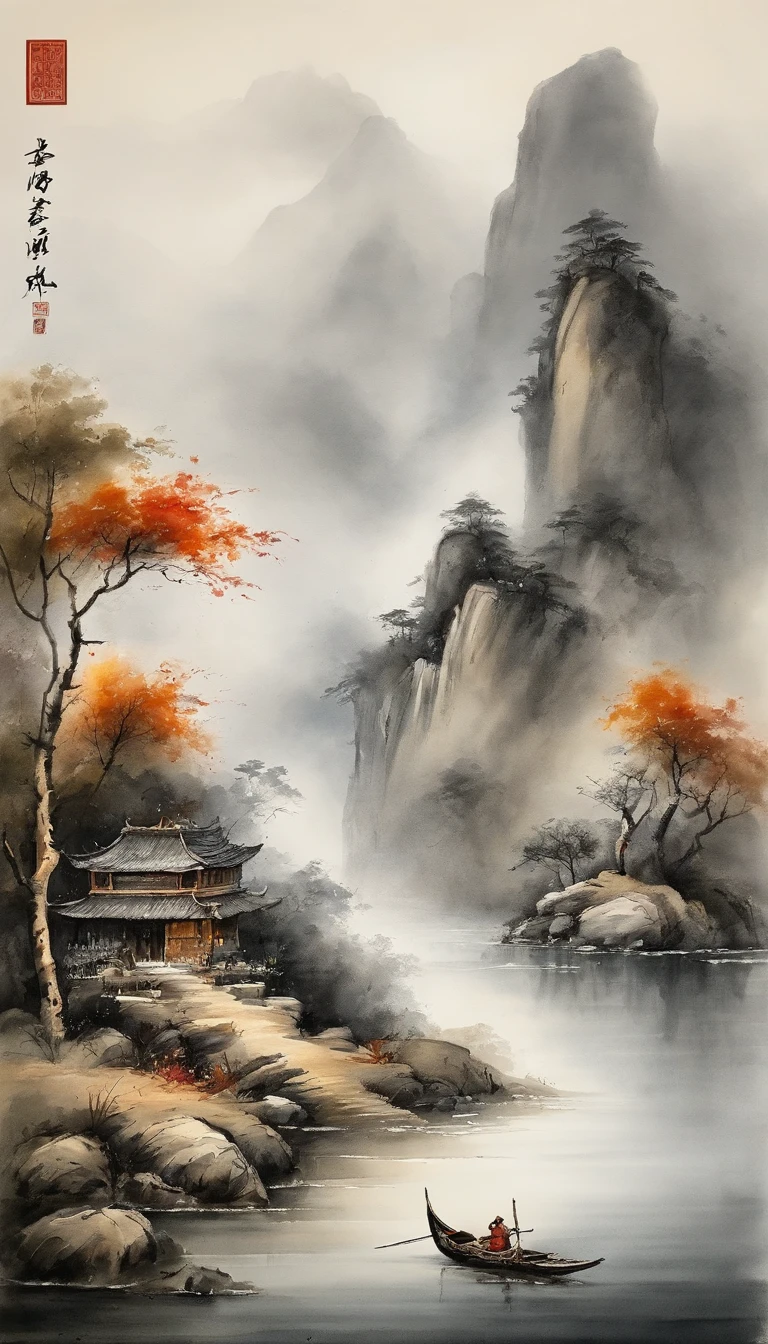Chinese landscape painting，ink and watercolor painting，water ink，ink，Smudge，Meticulous，water ink，Smudge，Meticulous，Smudge，low-saturation，Low contrast，The light boat has crossed the Ten Thousand Heavy Mountains，Beautifully depicted，A detailed，acurate，Works of masters，tmasterpiece