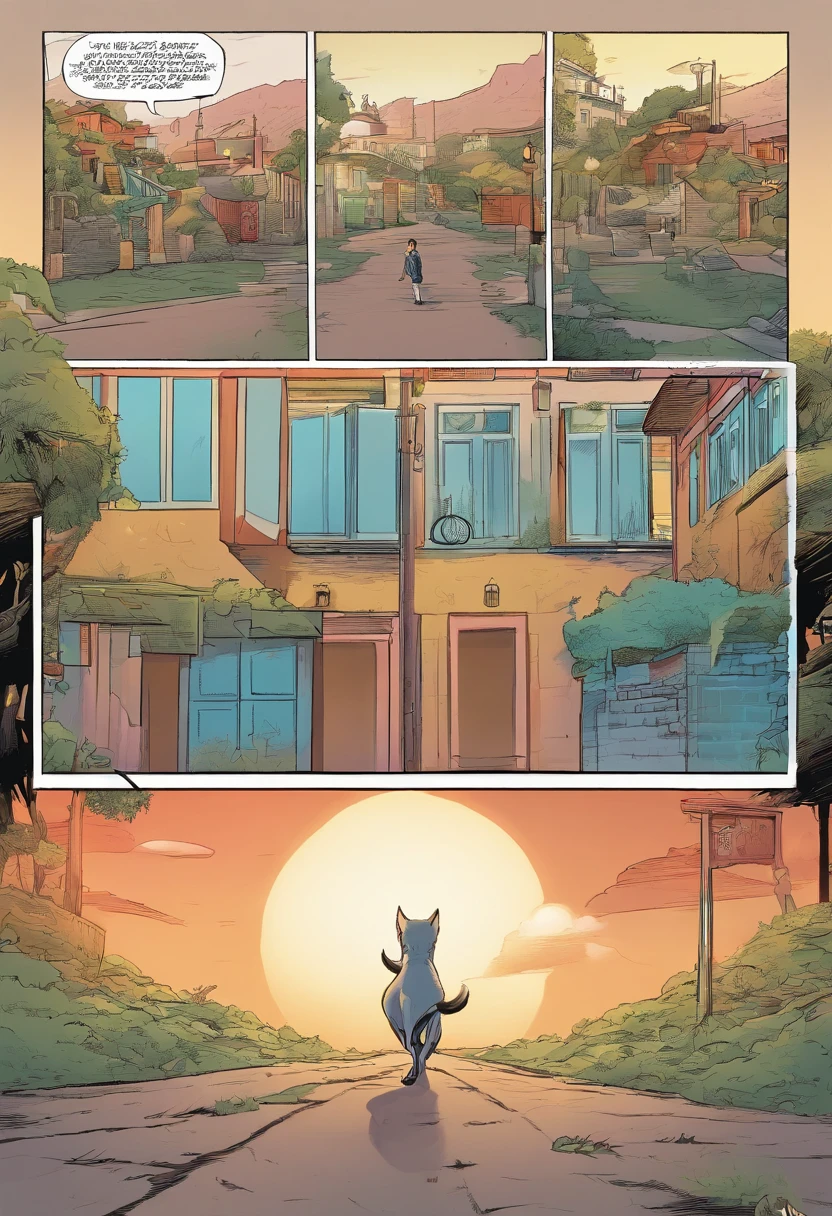 American comics, The comic story is presented in multiple irregular panels with color. American Shorthair Cat Struggles as He runs away from home and then reunites with his owner. El estilo es exagerado y detallado