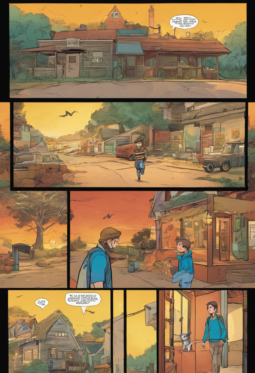 American comics, The comic story is presented in multiple irregular panels with color. American Shorthair Cat Struggles as He runs away from home and then reunites with his owner. El estilo es exagerado y detallado