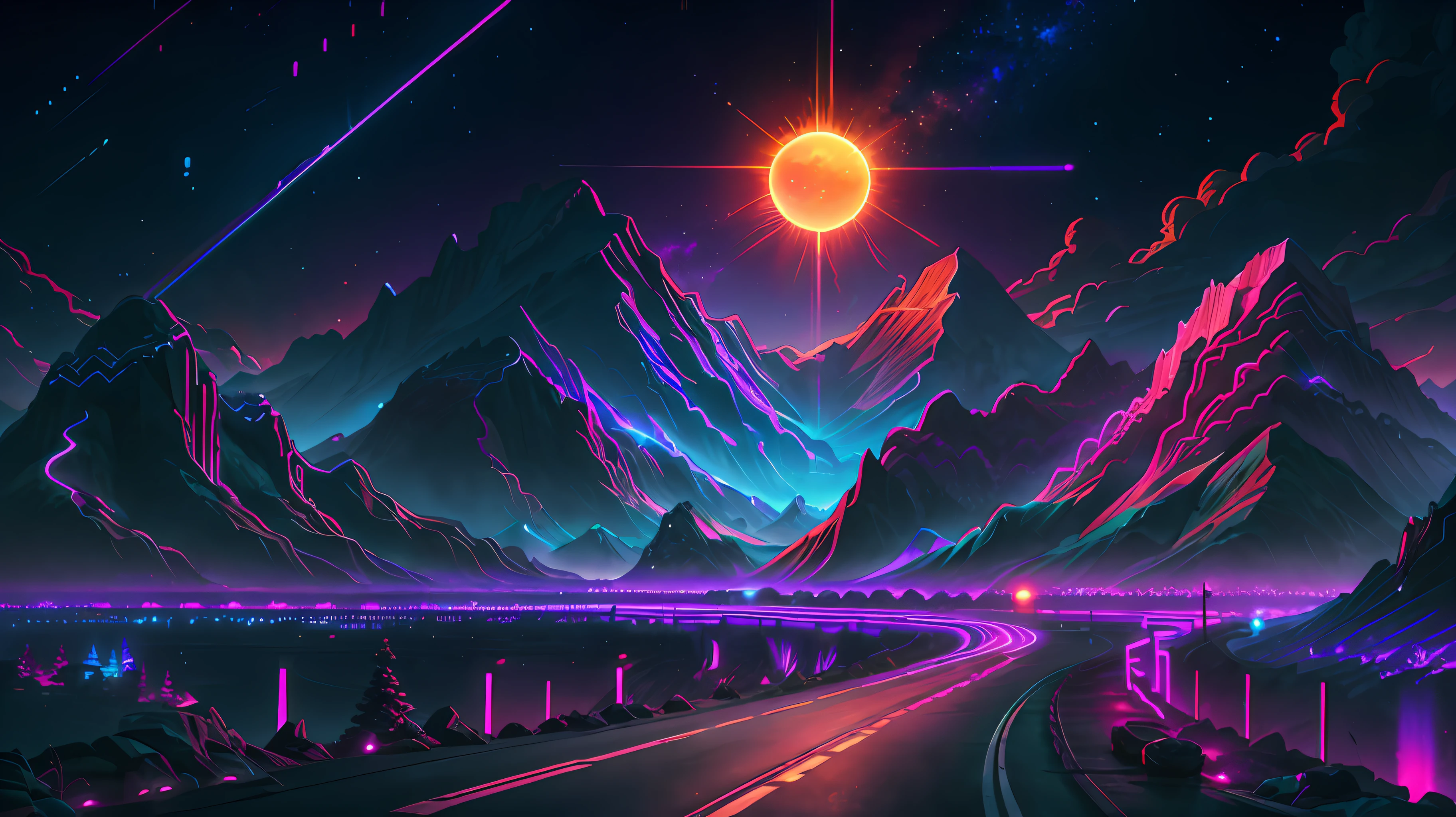 retrowave. road, purple neon lights, sun, mountain,
(masterpiece,detailed,highres),