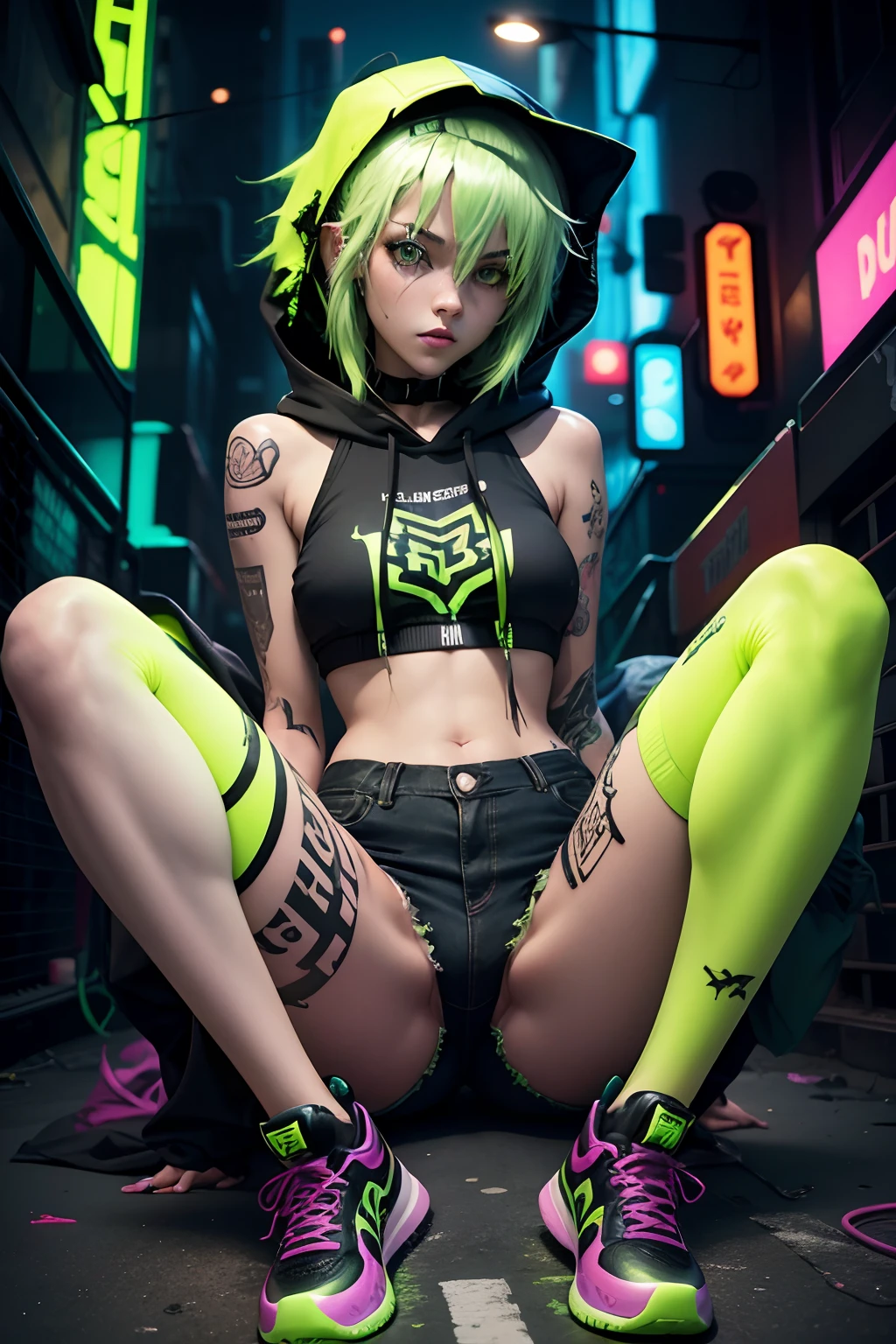 On the web Neon Street，one female，Long fluorescent green hair，Dark green pupils，Broken hood，shorter pants，spread their legs，tattoo all over body