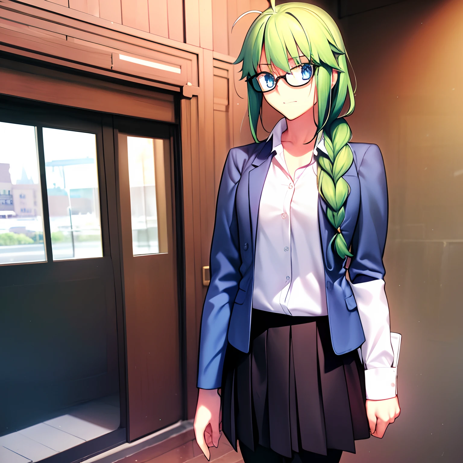 Model Pose, green hair. Braid and messy hair style, london scholar skirt and shirt with long sleeves, short black leggings, school shoes, glasses, blue eyes, suspecting look, one raised eyebrow