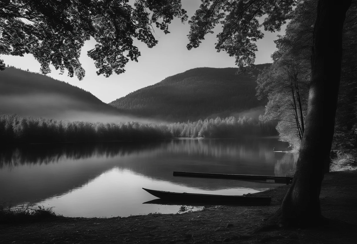 canne a peche au bord de l'eau, lac, cabane de pecheur en fond, noature, foret, plaine, verdure, fusil sur un arbre, montagne, eau, naturel, rustic, noir et blanc, black and white