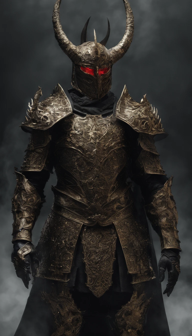 Warrior, concept-art, Authors:Kisigank, Fantasy Art, Battlefield Background, Clean Rendering, Horned, Wear a suit of armor, Detailed Bushido Foam Smoke, Helmet of the Forgotten God, the character is standing, 8k realistic, During game rendering, detailed face background detail, Art Station Top Page, taur, Pseudo-medieval fantasy, God in carp armor, Detailed bronze armor, bronze armor, Golden etched armor, gold obsidian armor, Light gold armor, Gorgeous Filigree Armor, Demon Warrior, Gorgeous armor full of thorns, Complex assassination armor, Complex metal armor, Powerful Warrior, Dressed in luxurious gold armor,Decorated with intricate patterns, The helmet has a large crown and two horns,Glowing red eyes, Everything is in the dark, Smoky backgrounds hint at battle scenes, Adding an ominous aura to his character,posed, Full body shot. actionpose,