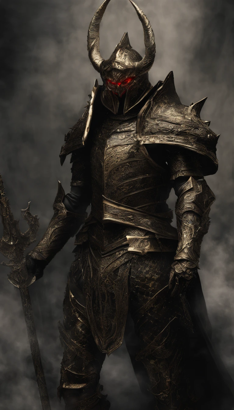 Warrior, concept-art, Authors：Kisigank, Fantasy Art, Battlefield Background, Clean Rendering, Horned, Wear a suit of armor, Detailed Bushido Foam Smoke, Helmet of the Forgotten God, the character is standing, 8k realistic, During game rendering, detailed face background detail, Art Station Top Page, taur, Pseudo-medieval fantasy, God in carp armor, Detailed bronze armor, bronze armor, Golden etched armor, gold obsidian armor, Light gold armor, Gorgeous Filigree Armor, Demon Warrior, Gorgeous armor full of thorns, Complex assassination armor, Complex metal armor, Powerful Warrior, Dressed in luxurious gold armor，Decorated with intricate patterns, The helmet has a large crown and two horns,Glowing red eyes， Everything is in the dark, Smoky backgrounds hint at battle scenes, Adding an ominous aura to his character，posed, Full body shot. actionpose,