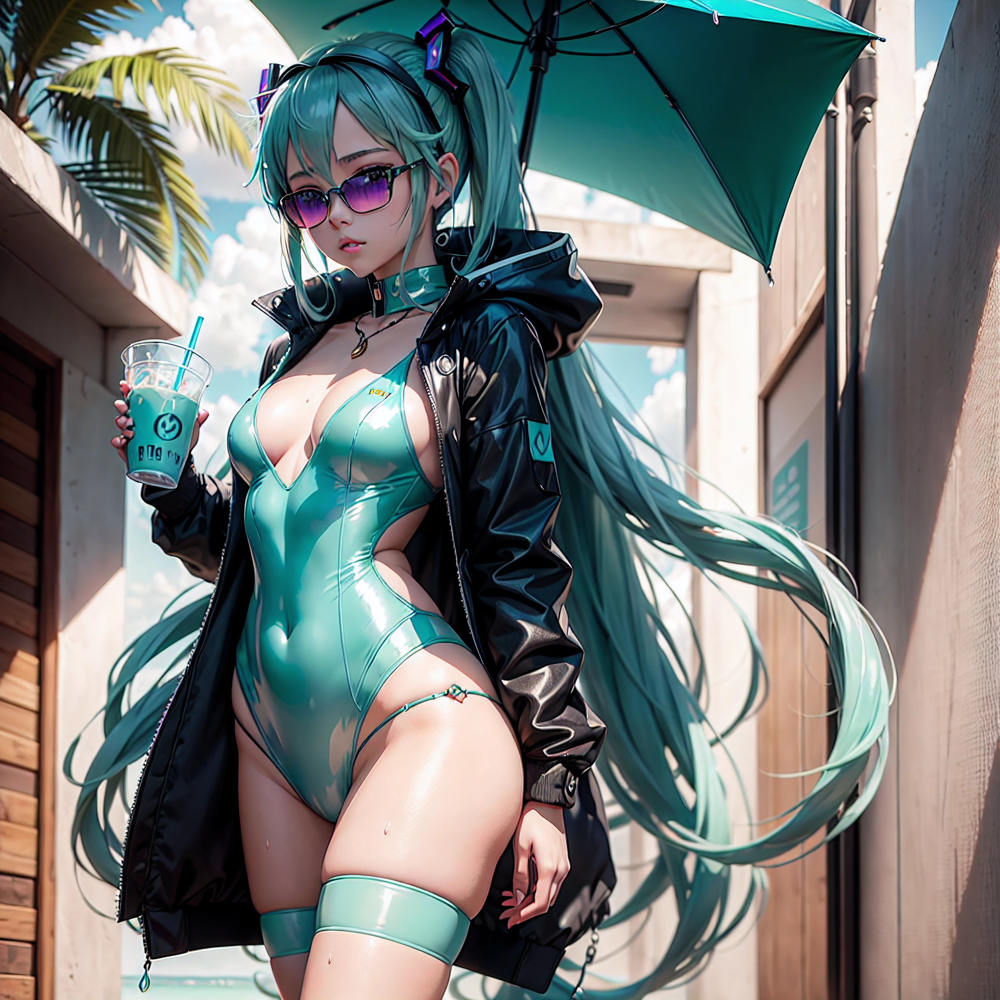 Hatsune Miku looks stunning in her tropical maid outfit against a backdrop of vibrant colors and perfectly complementing lighting. The outfit's intricate details, rendered with realistic textures and reflections, stand out. The raindrops on Miku's jacket are so intricately rendered that you can almost feel them. The reflections on her shiny outfit are crisp, allowing you to see your own reflection. Holding a white styrofoam cup filled with a purple drink, Miku adds a modern touch to the scene. With her back to the viewer, she exudes an alluring aura of mystery, her iconic teal twin-tails swaying gently. The futuristic background showcases a parking lot full of top-of-the-line supercars, emphasizing Miku's high-class persona. This image is a masterpiece, boasting impeccable quality and ultra-detailed features that showcase the artist's superb craftsmanship. Utilizing the latest technology in rendering, the result is a stunningly realistic portrayal of Miku's outfit, complete with reflections and raindrops on her black Montclair jacket, along with her gold chain and jewelry. Miku's tropical maid figure is beautifully captured in this visually striking work of art. She wears a black puffer jacket, with a gold necklace around her neck, and her head facing the viewer. She appears wet from the rain and sports aviator-style sunglasses.