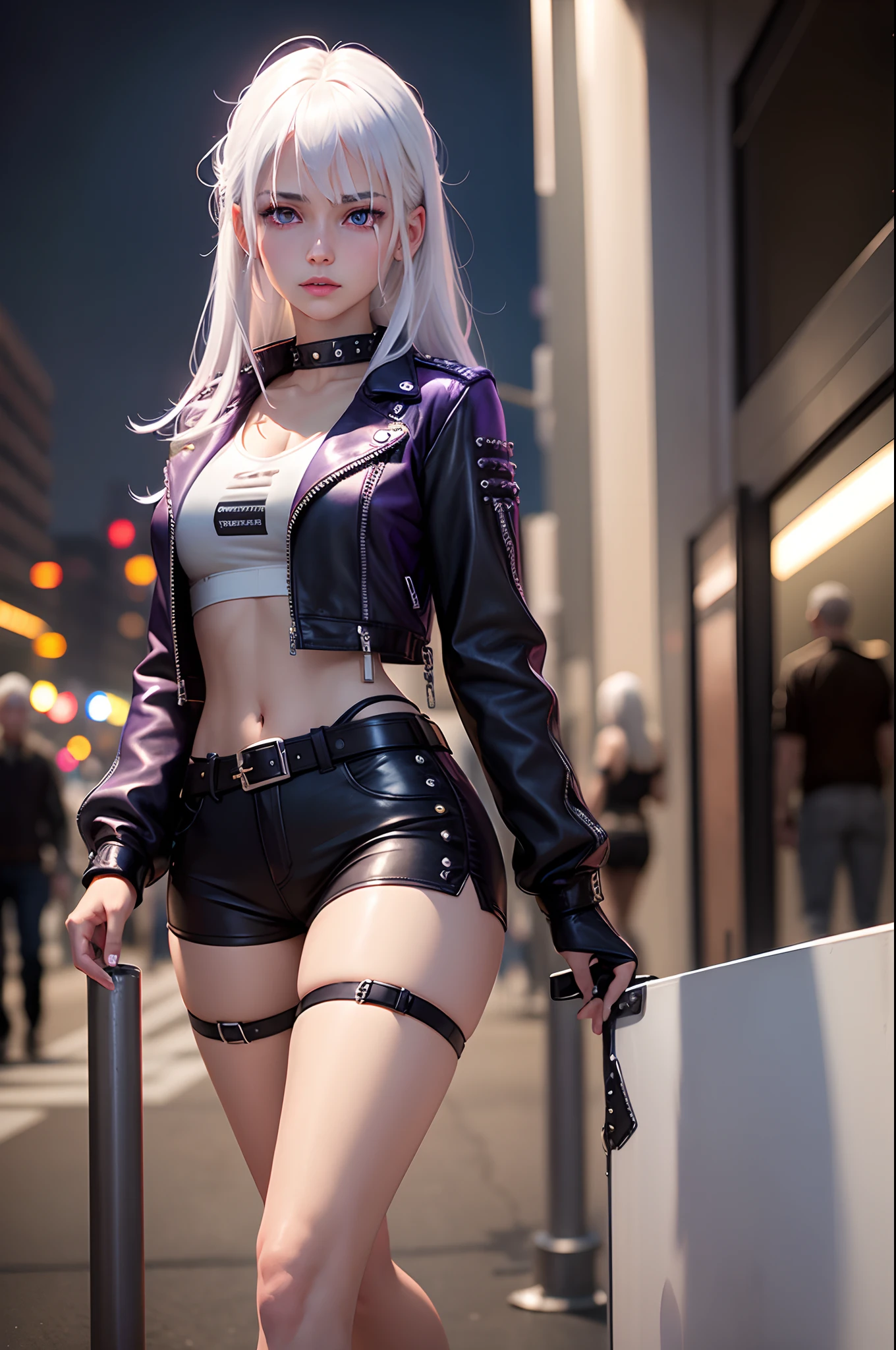 realistic, 1girl, 20 years old white hair, purple eyes, glowing eyes, cropped top, leather shorts, leather jacket, more than one rivet belts, parted lips, blush, night, sunlight, medium length hair, real, walking on airport
