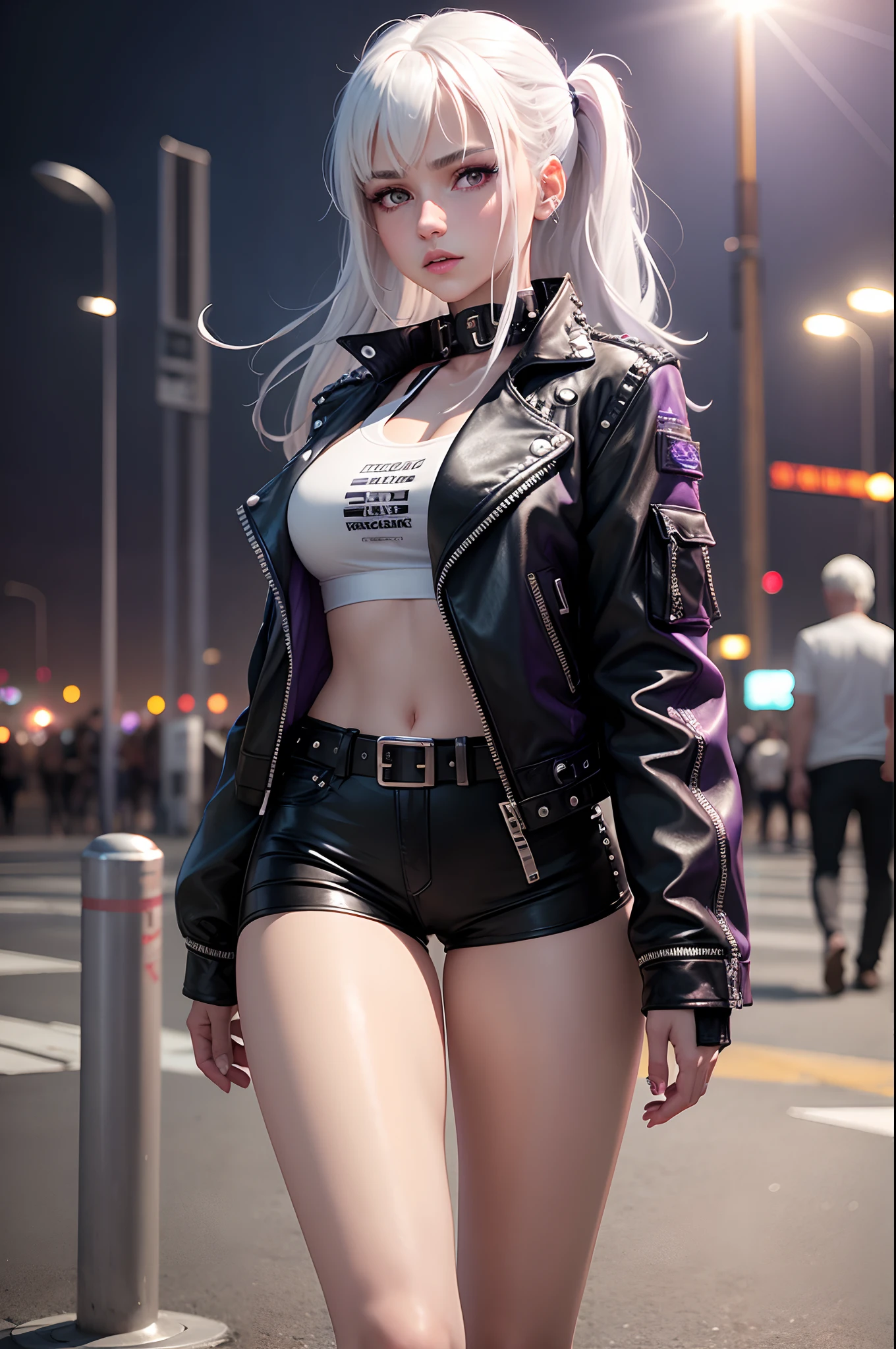 realistic, 1girl, 20 years old white hair, purple eyes, glowing eyes, cropped top, leather shorts, leather jacket, more than one rivet belts, parted lips, blush, night, sunlight, medium length hair, real, walking on airport