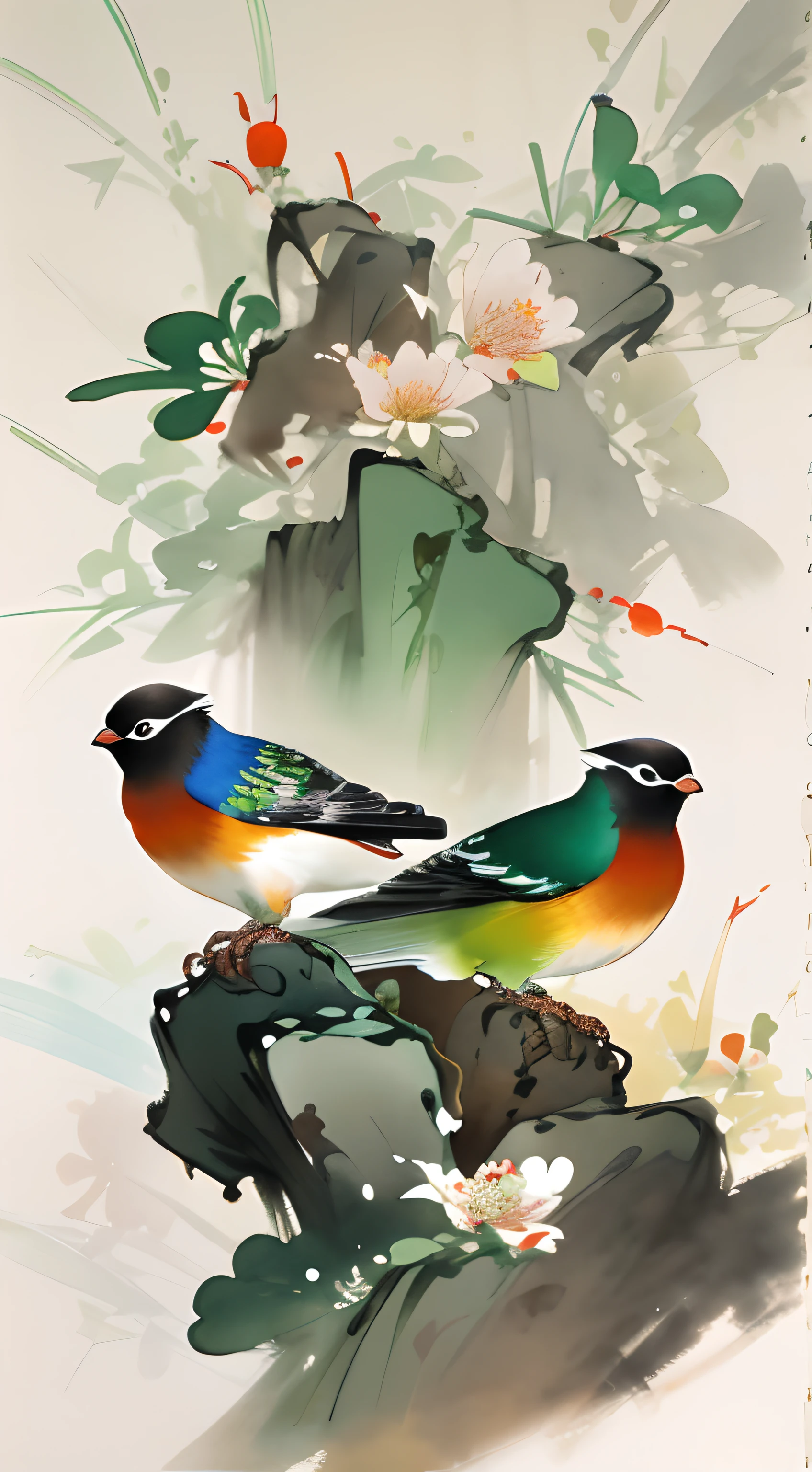 birds and flowers，[(White background:1.5)::5]，China-style，florals，flowers in full bloom，Flowers，green leaf，Colorful feathered birds，steins，rays of sunshine，an Chinese ink painting style，aquarelle，（light and shadow effect），（Movie lighting），（rendering by octane），（depth of fields），（Obvious layers），Beautiful and detailed pictures，（Masterpiece），（8k wallpaper），（Master painting）