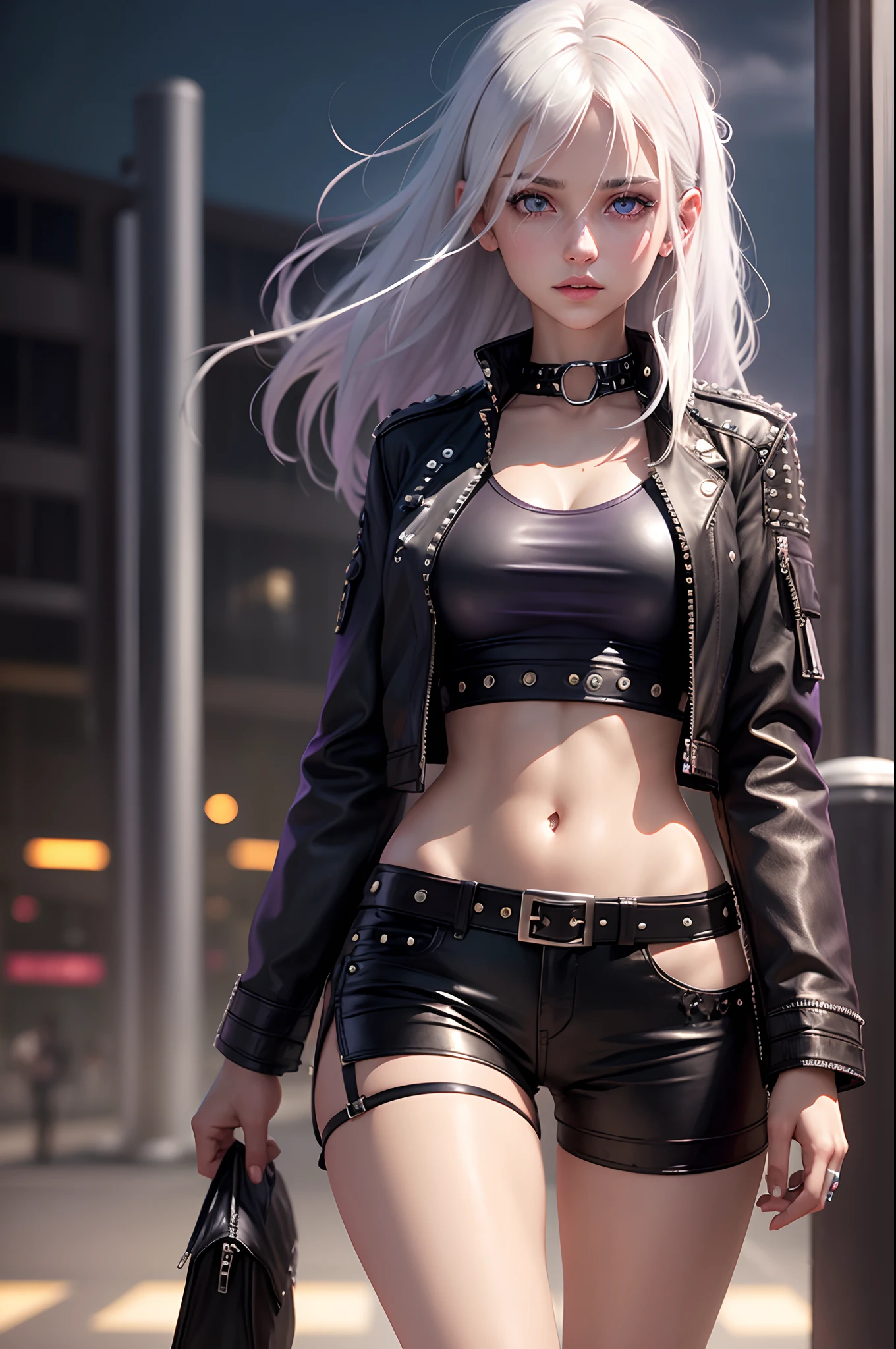 realistic, 1girl, 20 years old white hair, purple eyes, glowing eyes, cropped top, leather shorts, leather jacket, more than one rivet belts, parted lips, blush, night, sunlight, medium length hair, real, walking on airport